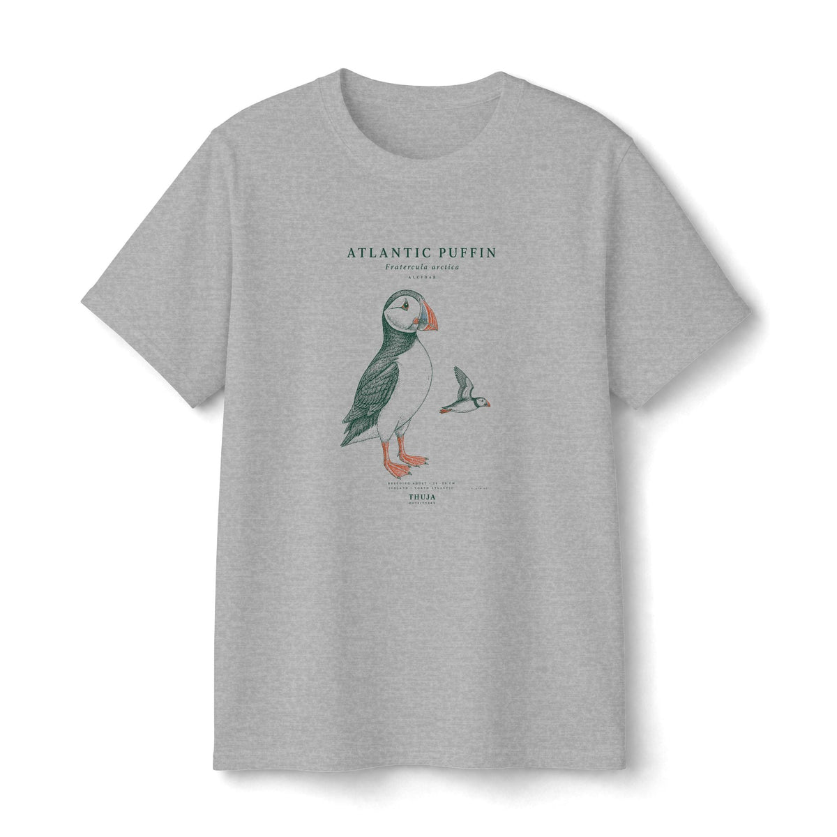 Sand Gildan 3000B youth tee with Atlantic Puffin Field Notes front print; manufacturer mockup