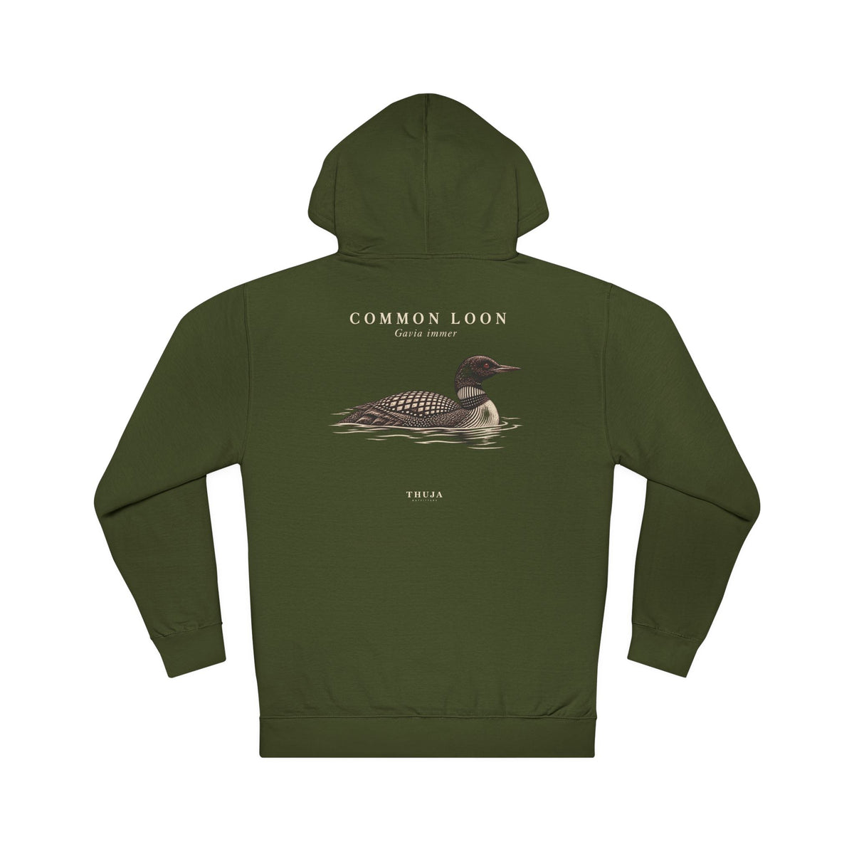 Forest Green Independent Trading SS4500 Common Loon Field Plate Hoodie back print of a swimming Common Loon field plate