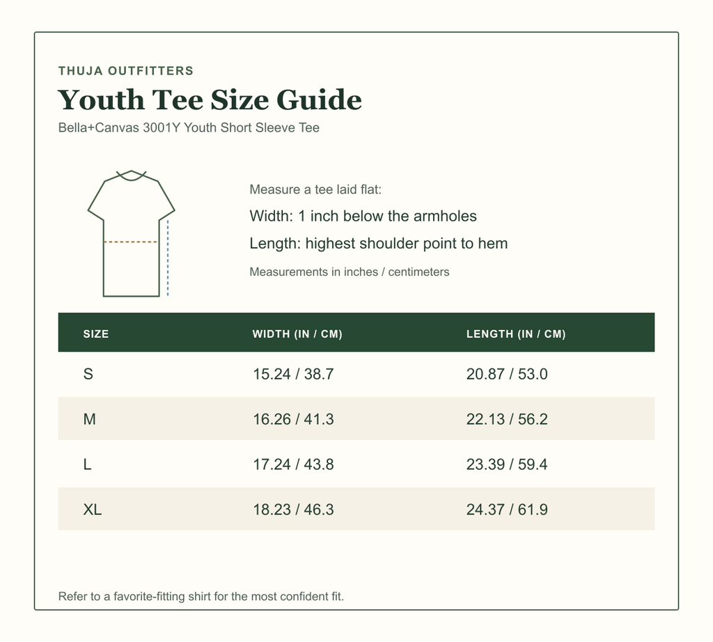 Bella+Canvas 3001Y youth t-shirt size guide with width and length measurements for sizes S through XL
