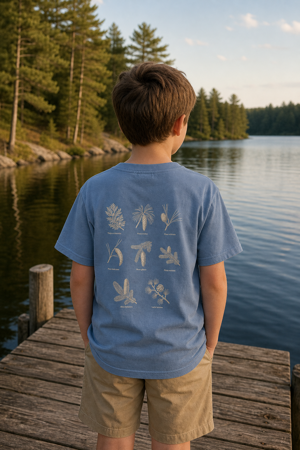 Child wearing the Blue Jean Kids Northwoods Conifers Comfort Colors youth tee with the complete botanical conifer back print on a Northwoods lake dock