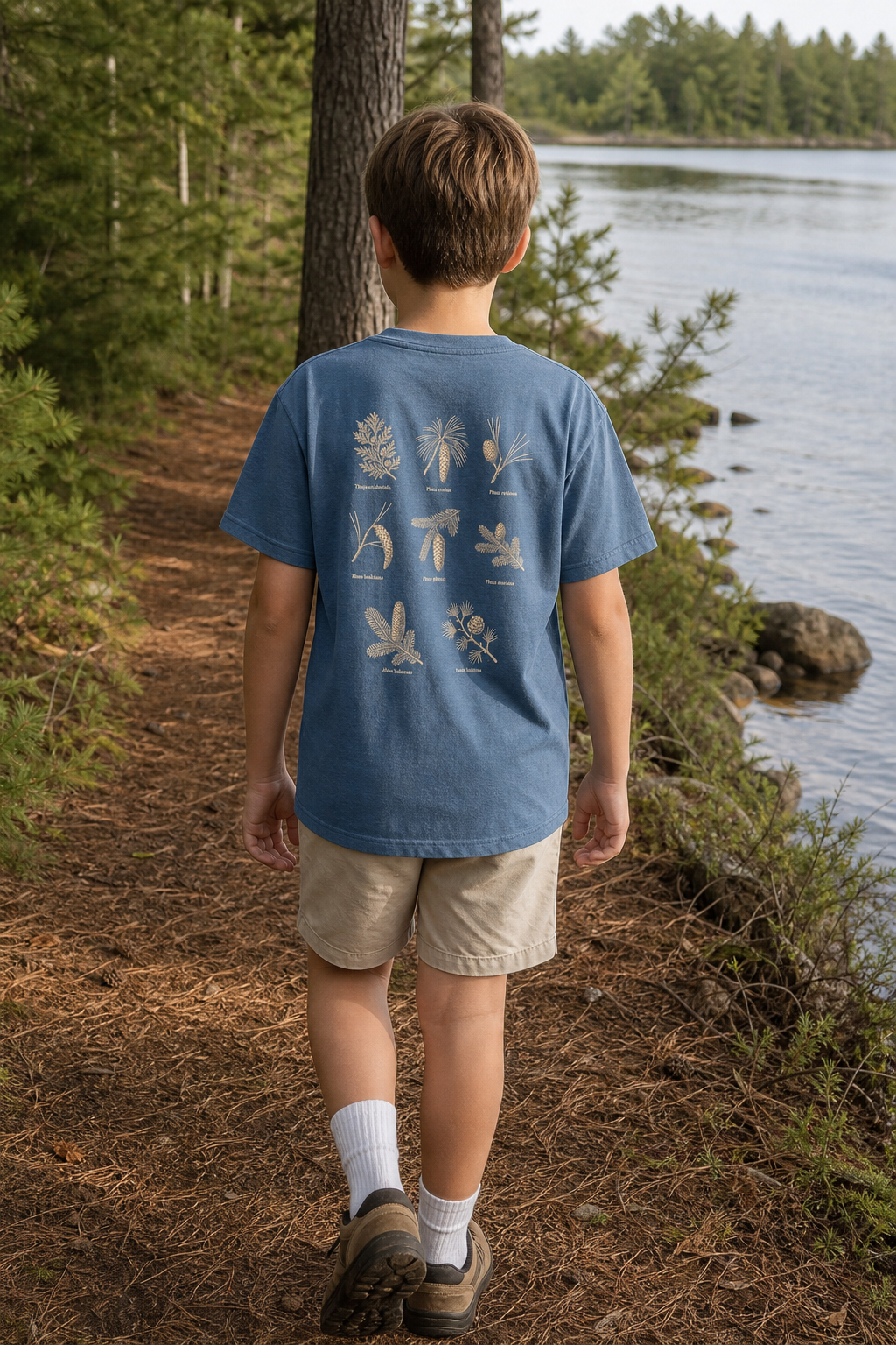 Child wearing the Blue Jean Kids Northwoods Conifers Comfort Colors youth tee with the complete botanical conifer back print on a Northwoods trail