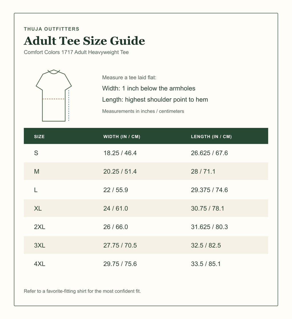 Comfort Colors 1717 adult t-shirt size guide with width and length measurements