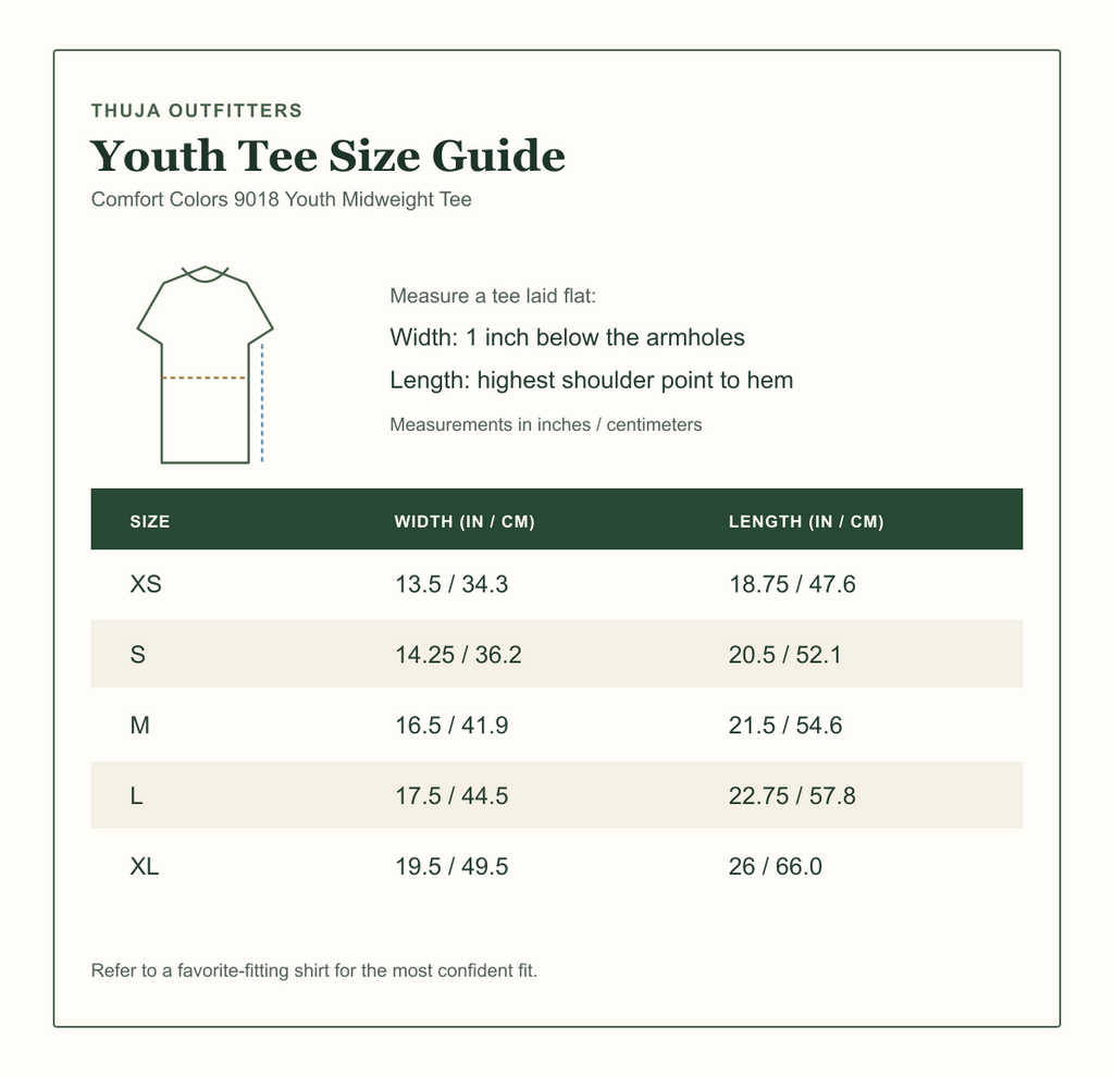 Comfort Colors 9018 youth midweight t-shirt size guide with flat width and length measurements for sizes XS through XL