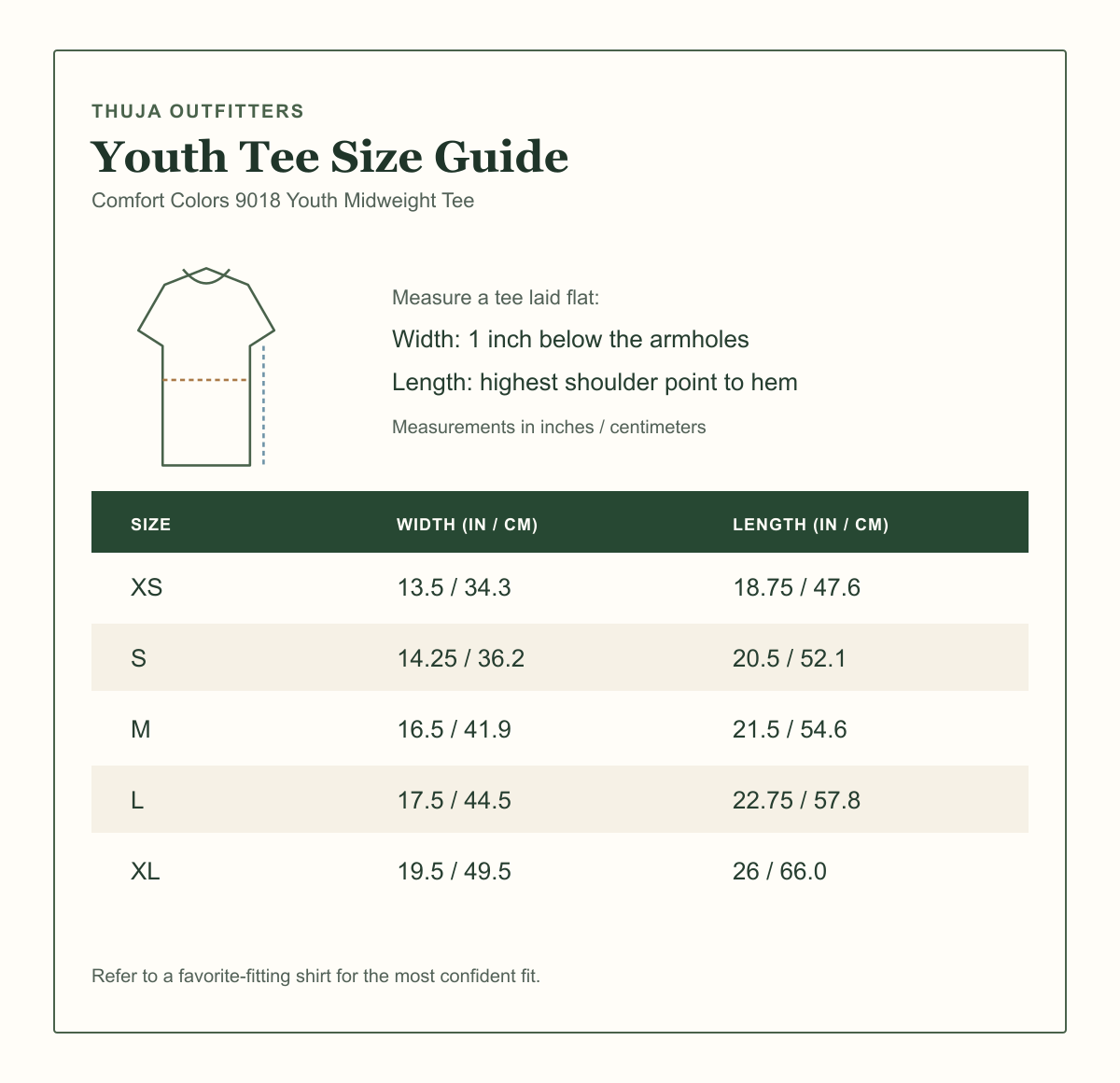 Comfort Colors 9018 youth midweight t-shirt size guide with flat width and length measurements for sizes XS through XL