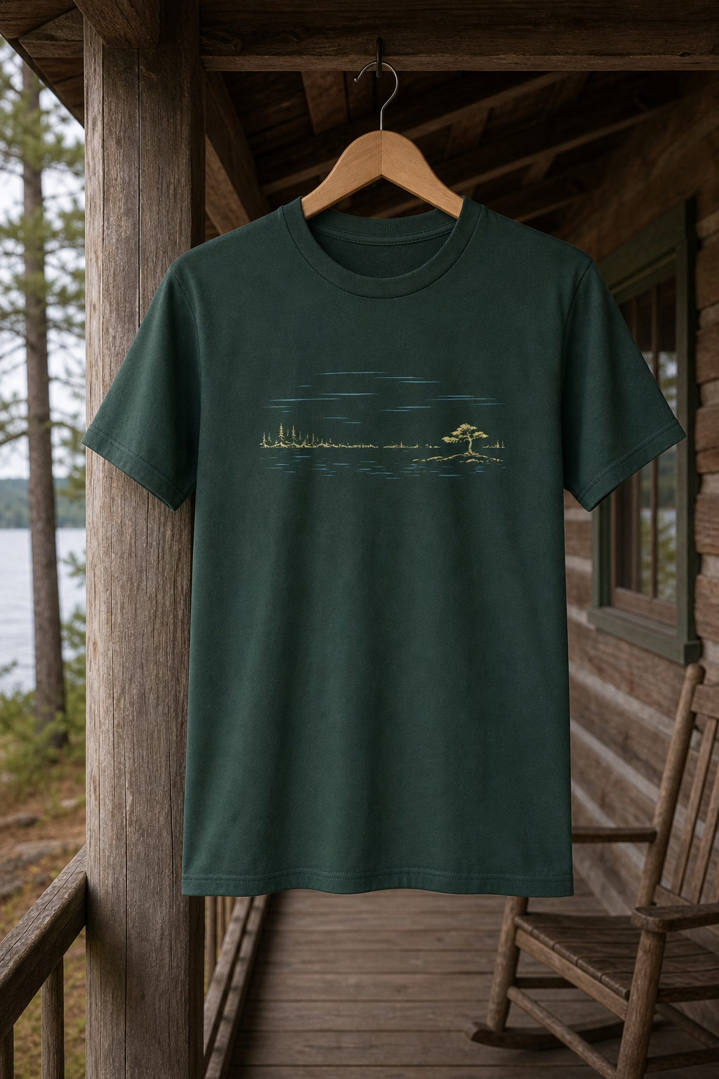 Forest Kids Northwoods Waterline Bella+Canvas youth tee hanging outside a Northwoods cabin