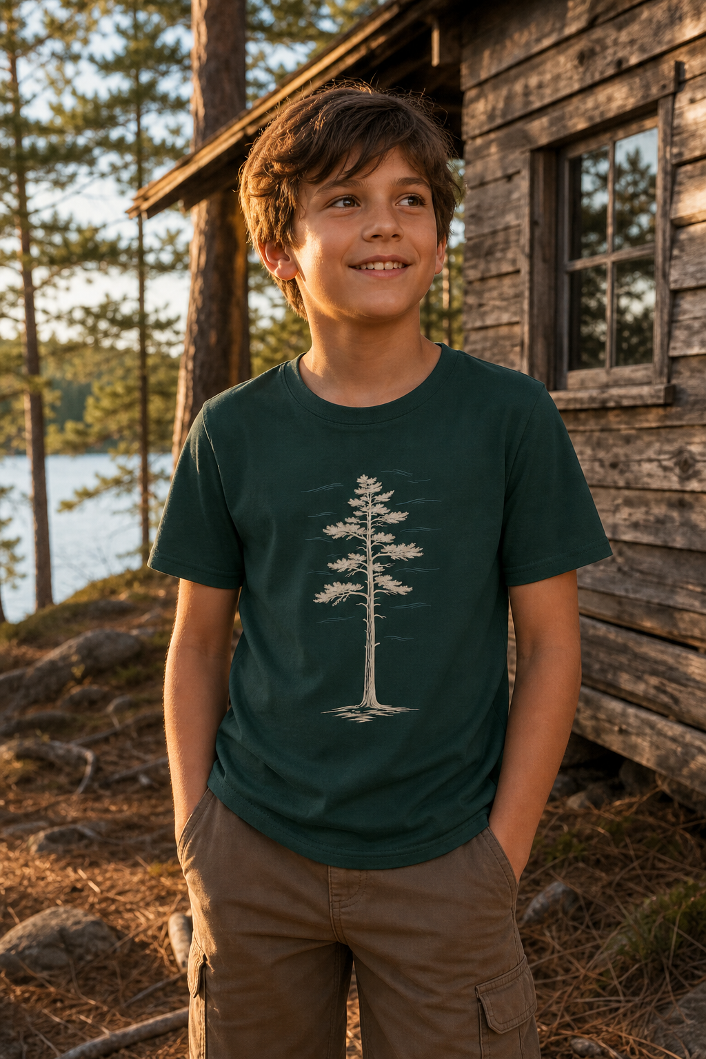 Child wearing the Forest Kids White Pine Stand Bella+Canvas youth t-shirt beside a Northwoods cabin
