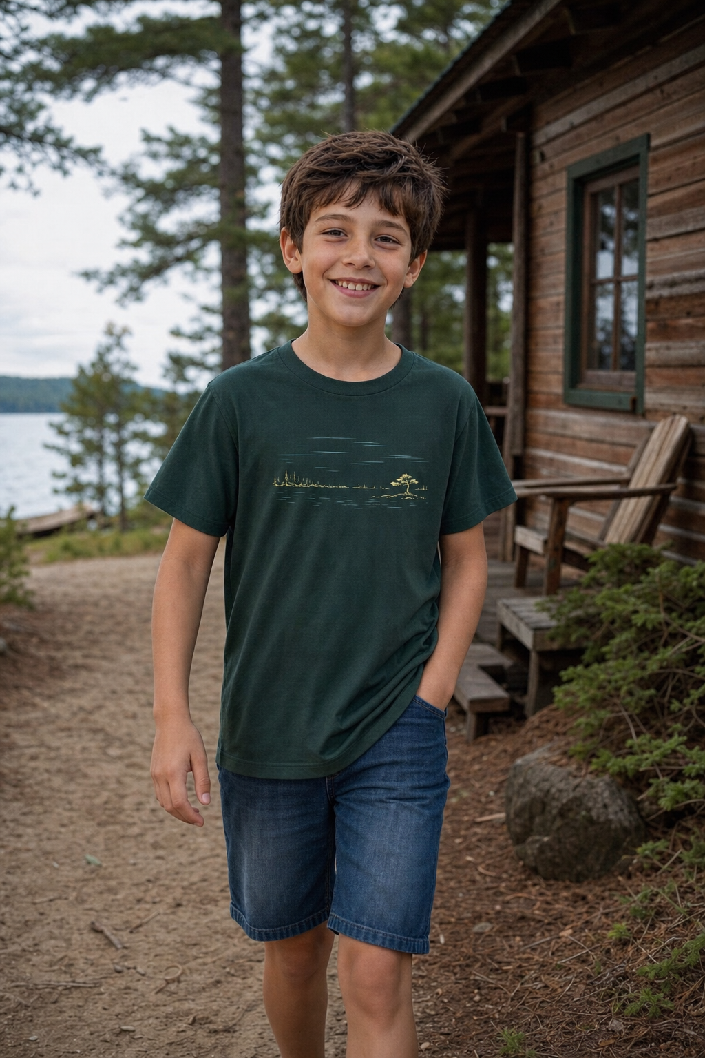 Child wearing the Forest Kids Northwoods Waterline Bella+Canvas youth tee outside a Northwoods cabin