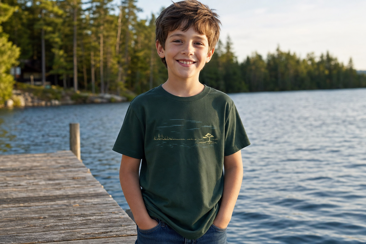 Child wearing the Forest Kids Northwoods Waterline Bella+Canvas youth tee on a Northwoods lake dock