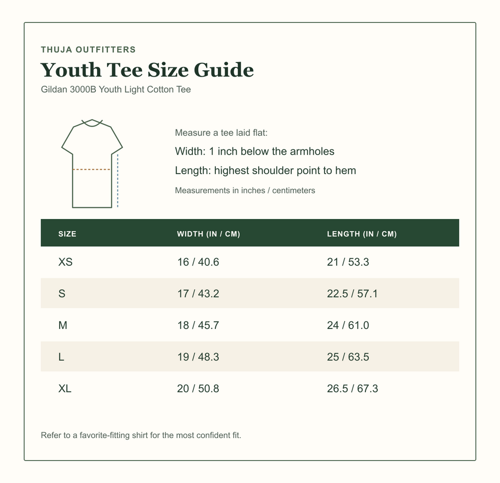 Gildan 3000B youth light cotton t-shirt size guide with flat width and length measurements for sizes XS through XL