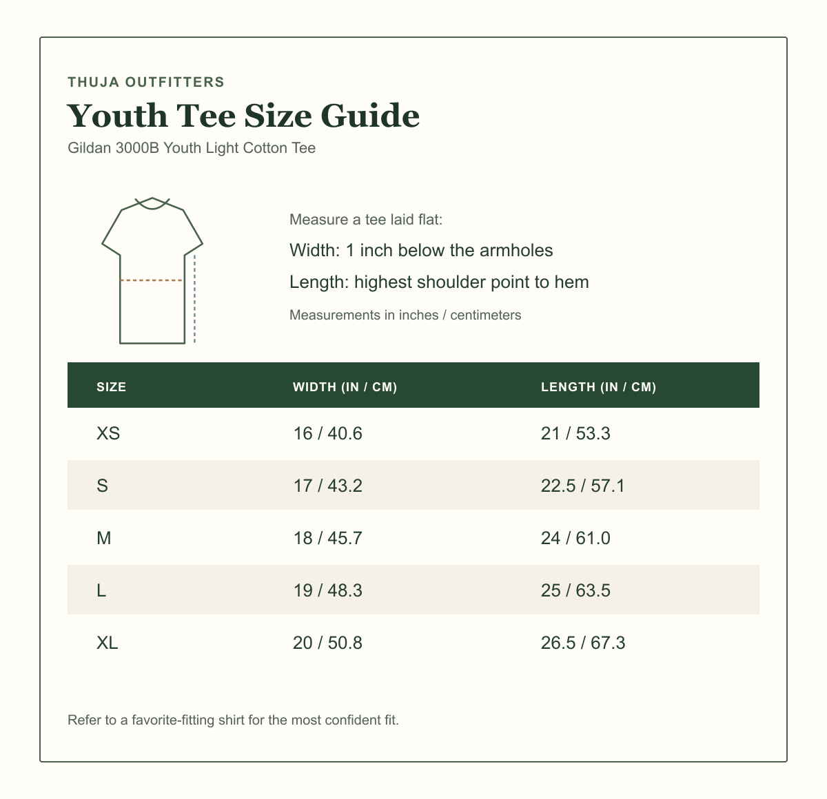 Gildan 3000B youth light cotton t-shirt size guide with flat width and length measurements for sizes XS through XL