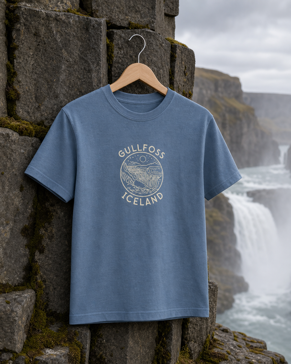 Blue Jean Kids Gullfoss Iceland T-Shirt with the front waterfall print against Icelandic basalt
