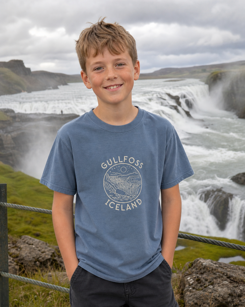Child wearing the Blue Jean Kids Gullfoss Iceland T-Shirt at Gullfoss waterfall
