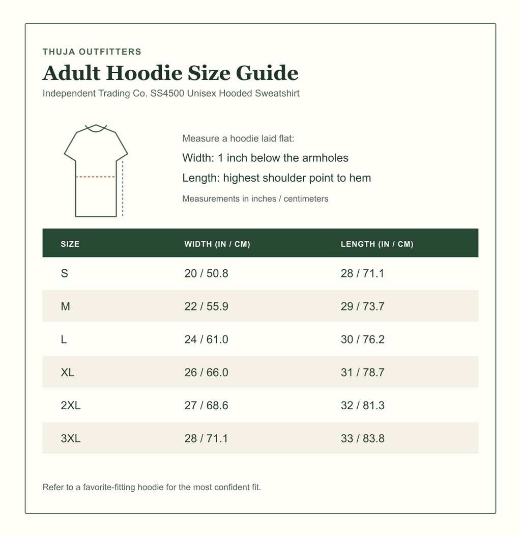 Independent Trading Co. SS4500 unisex hooded sweatshirt size guide with width and length measurements for sizes S through 3XL