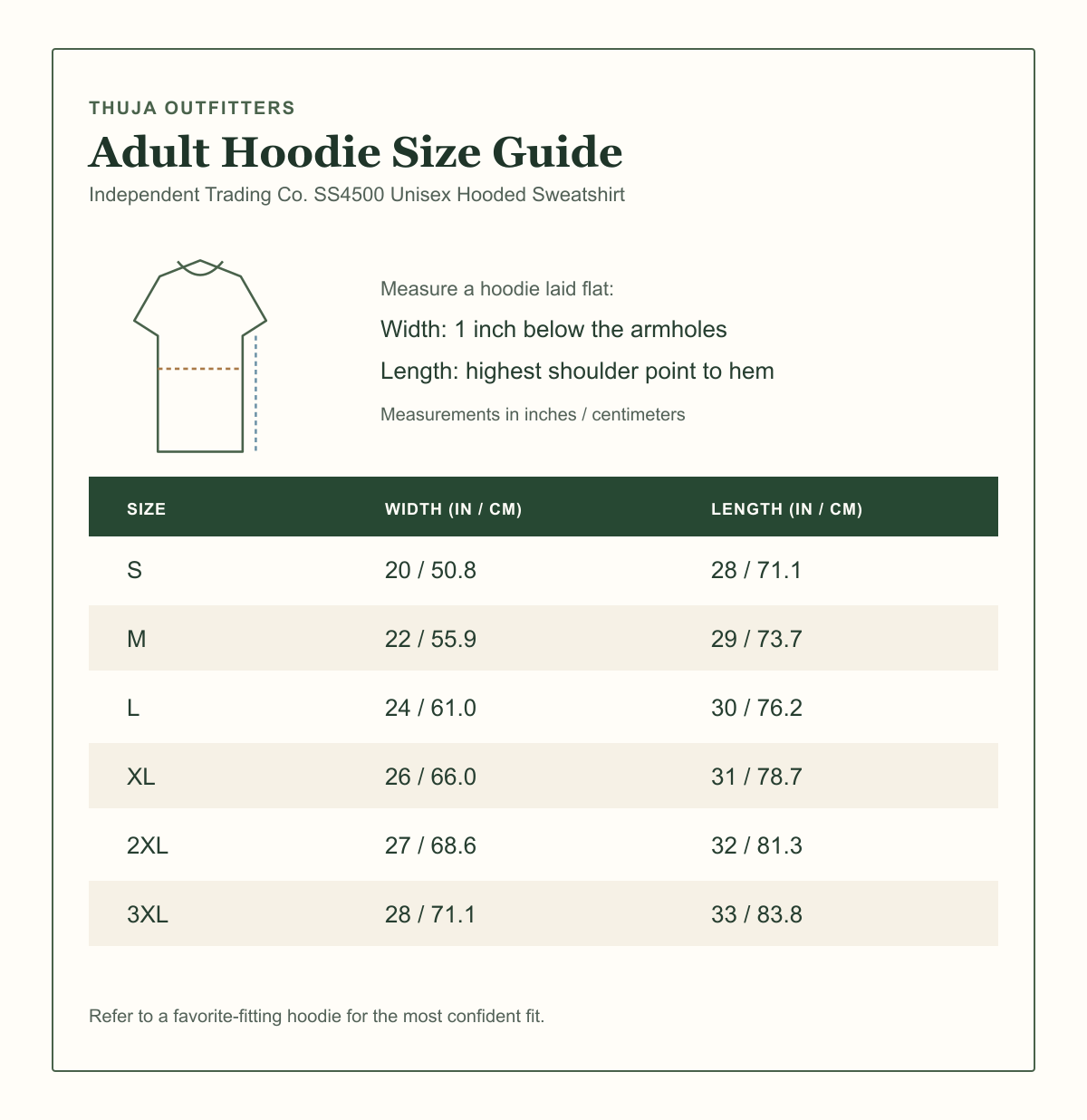 Independent Trading Co. SS4500 unisex hooded sweatshirt size guide with width and length measurements for sizes S through 3XL