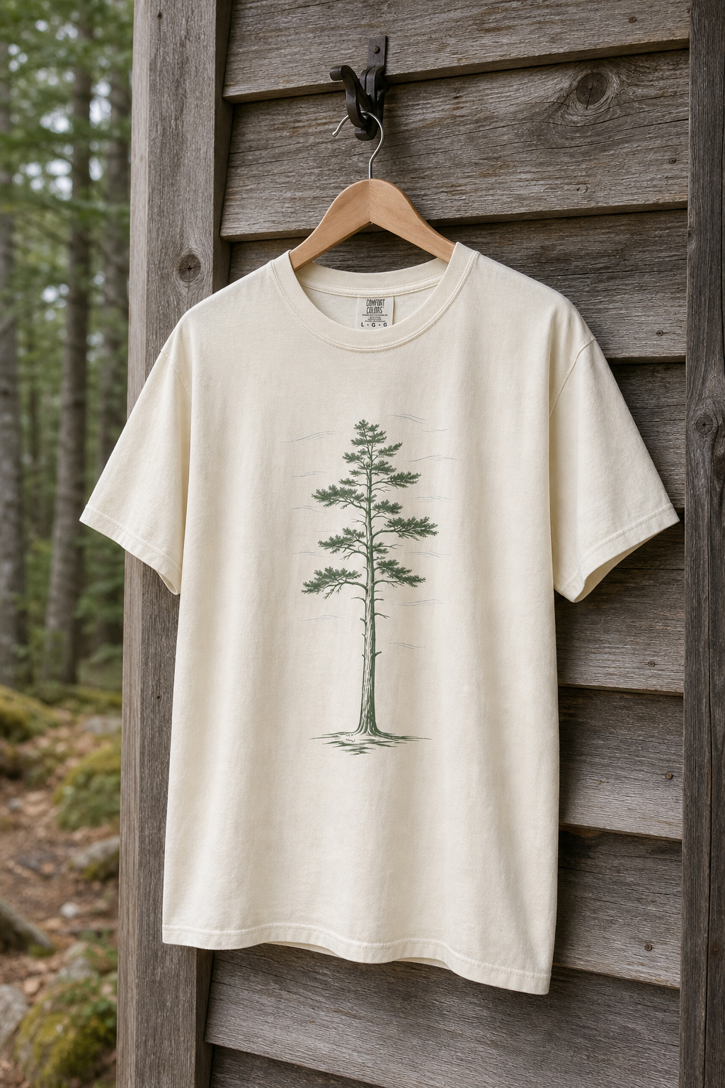 Ivory White Pine Stand Comfort Colors T-Shirt hanging outside a Northwoods cabin