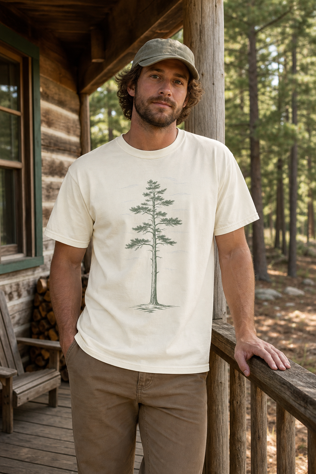 Person wearing the Ivory White Pine Stand Comfort Colors T-Shirt on a Northwoods cabin porch