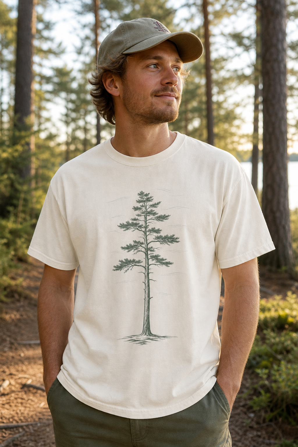 Person wearing the Ivory White Pine Stand Comfort Colors T-Shirt on a Northwoods trail
