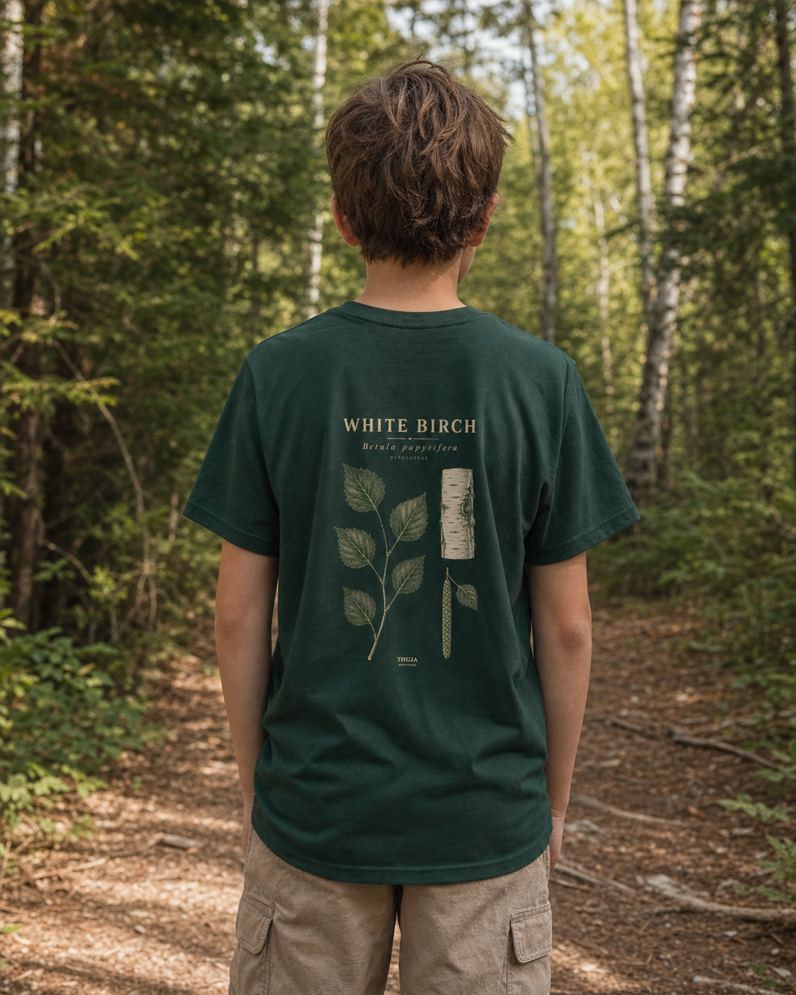 Child wearing the Forest green youth White Birch Botanical T-Shirt with the full back print on a Northwoods birch trail