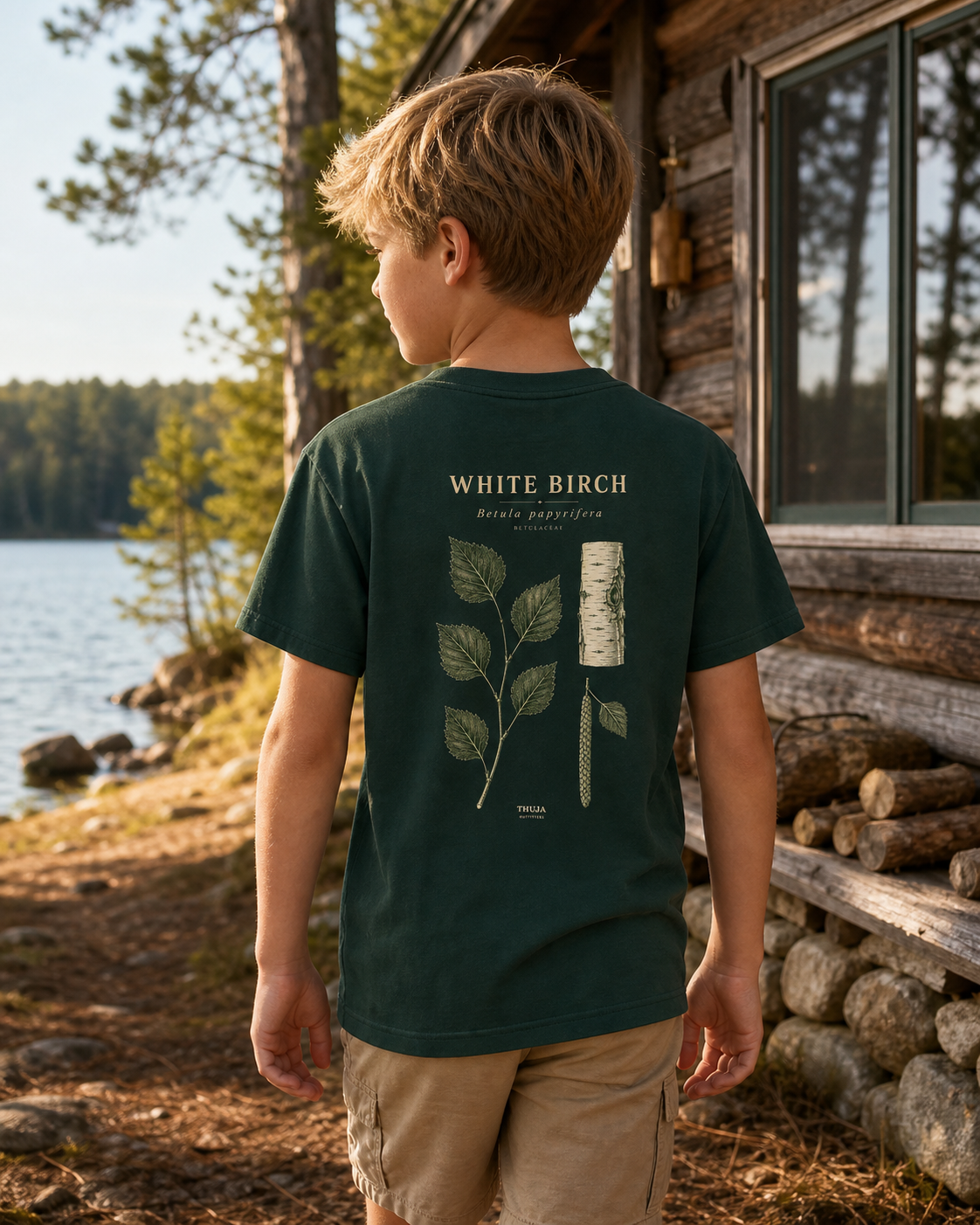 Child wearing the Forest green youth White Birch Botanical T-Shirt with the full back print beside a Northwoods lake cabin