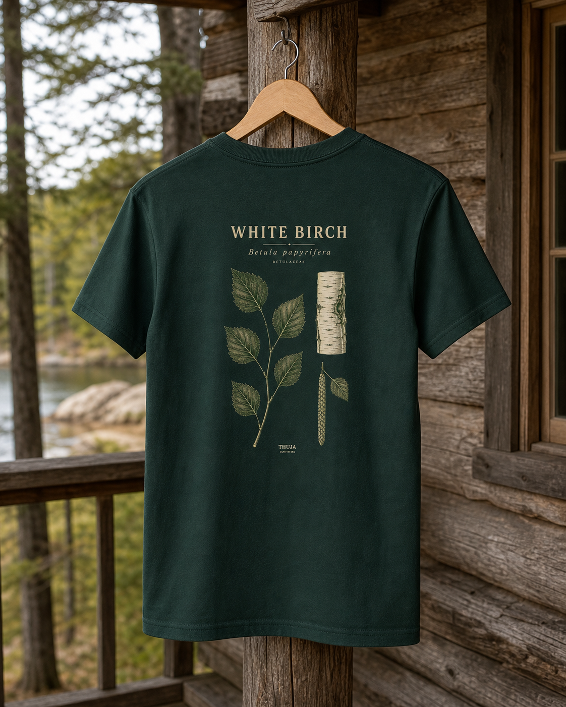 Forest green Bella+Canvas youth White Birch Botanical T-Shirt with the full back print on a cabin porch hanger