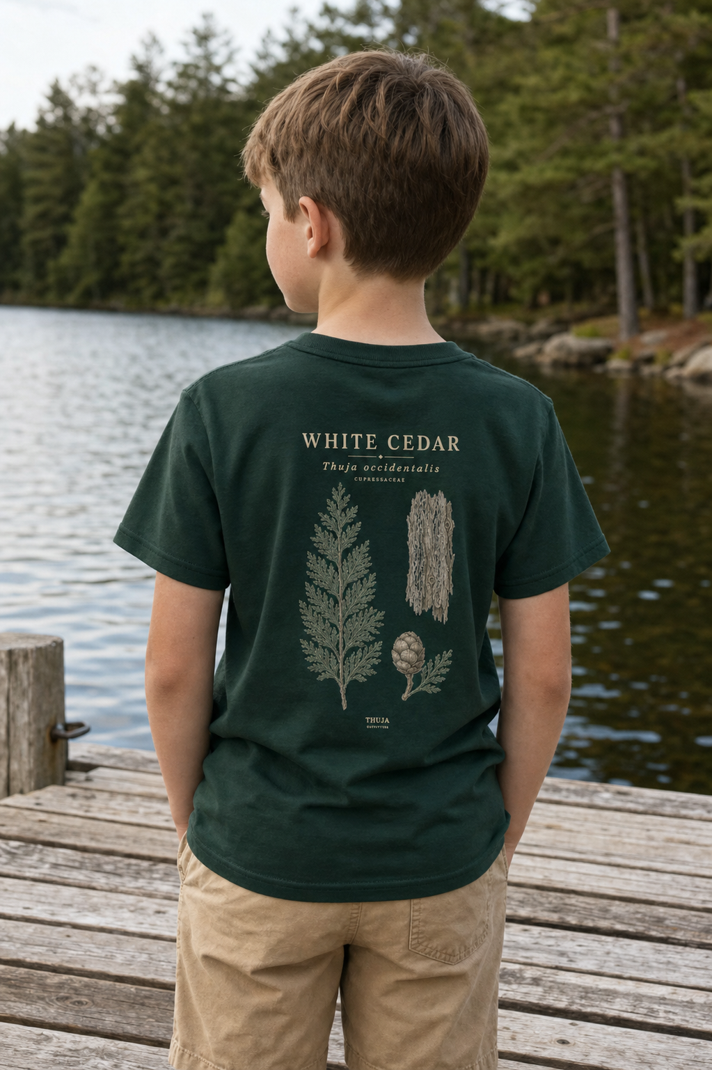Child wearing the Forest Kids White Cedar Botanical T-Shirt at a Northwoods lakeshore