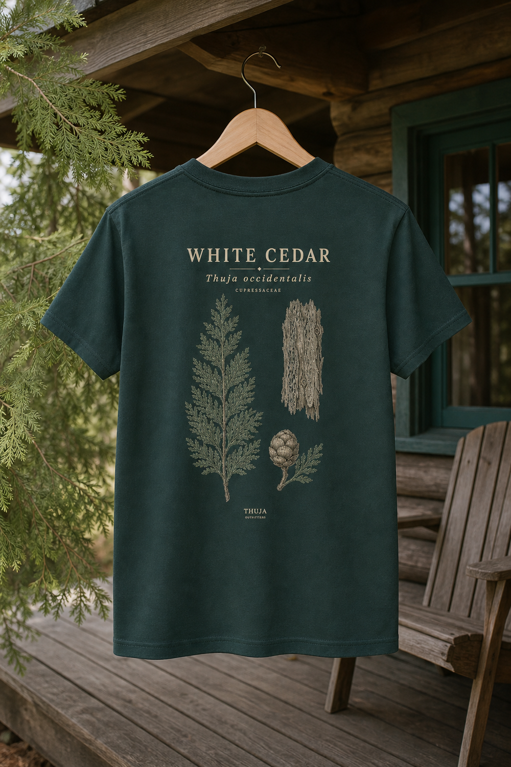Forest Kids White Cedar Botanical T-Shirt with the botanical back print on a Northwoods cabin hanger