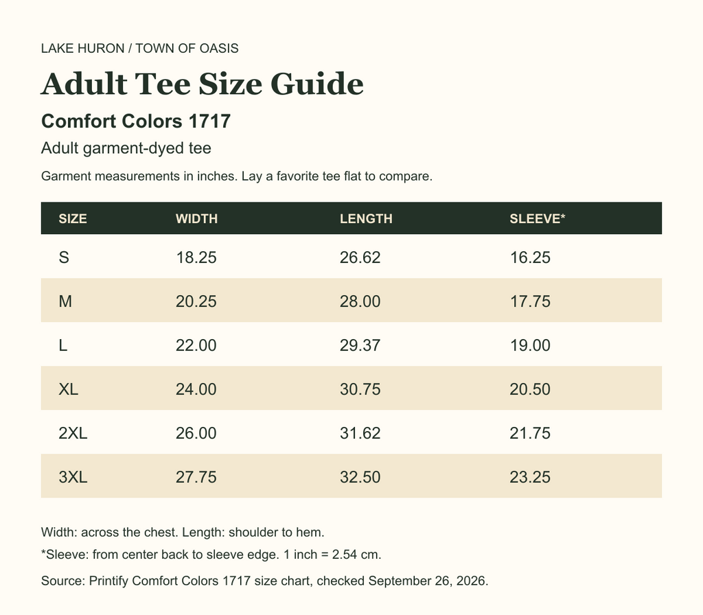 Comfort Colors 1717 adult sizes S through 3XL size guide with garment width, length and sleeve measurements