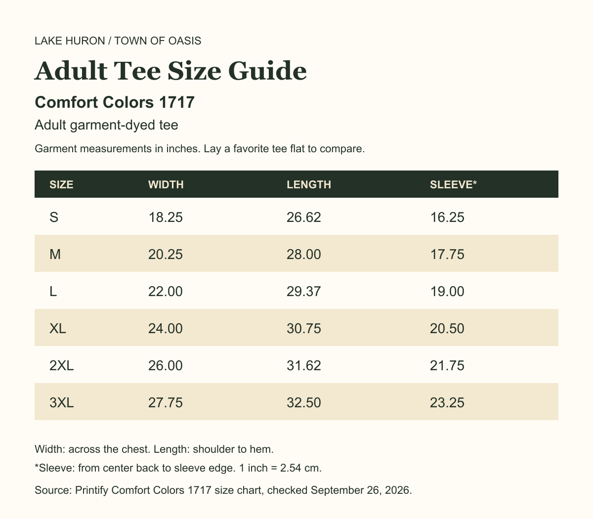 Comfort Colors 1717 adult sizes S through 3XL size guide with garment width, length and sleeve measurements