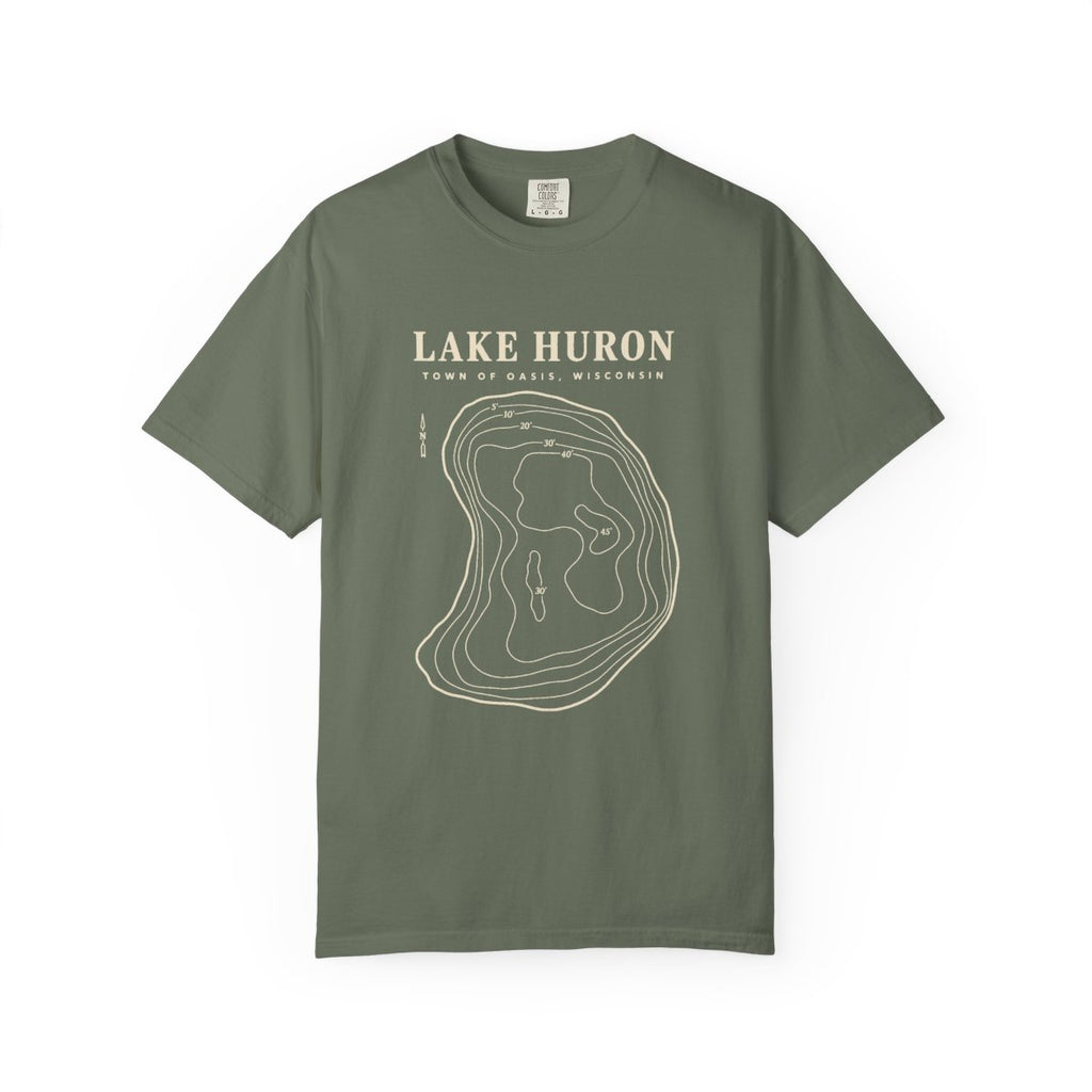 Moss Comfort Colors 1717 adult Lake Huron T-shirt with cream contour-map artwork and Town of Oasis, Wisconsin lettering on the front