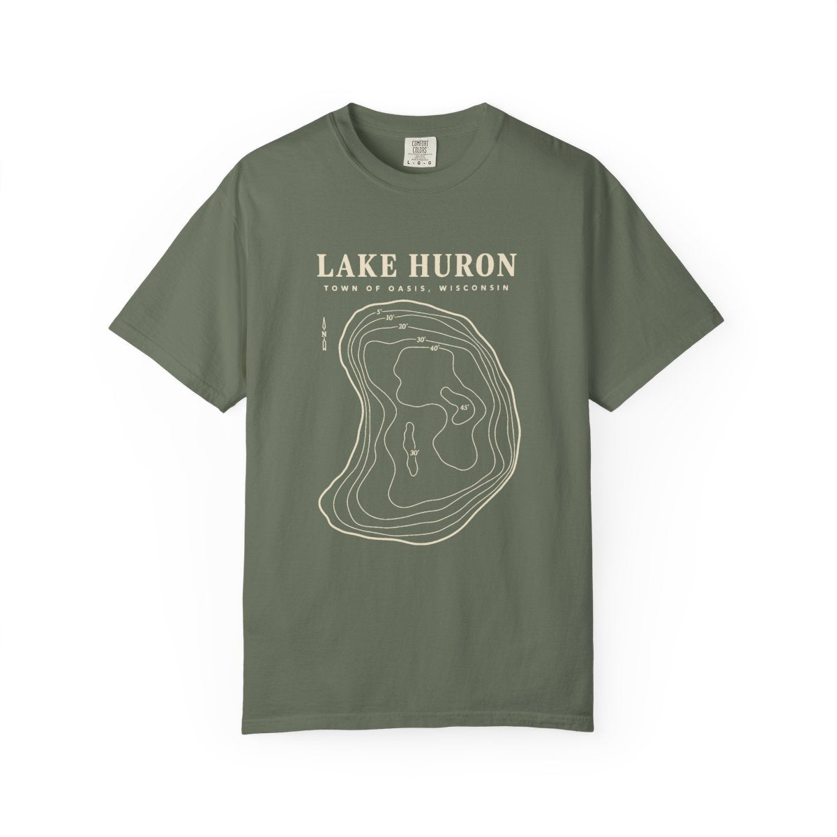 Moss Comfort Colors 1717 adult Lake Huron T-shirt with cream contour-map artwork and Town of Oasis, Wisconsin lettering on the front