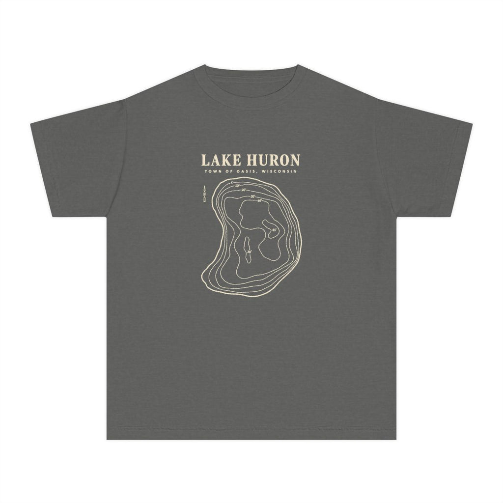 Pepper Comfort Colors 9018 kids Lake Huron T-shirt with cream contour-map artwork and Town of Oasis, Wisconsin lettering on the front