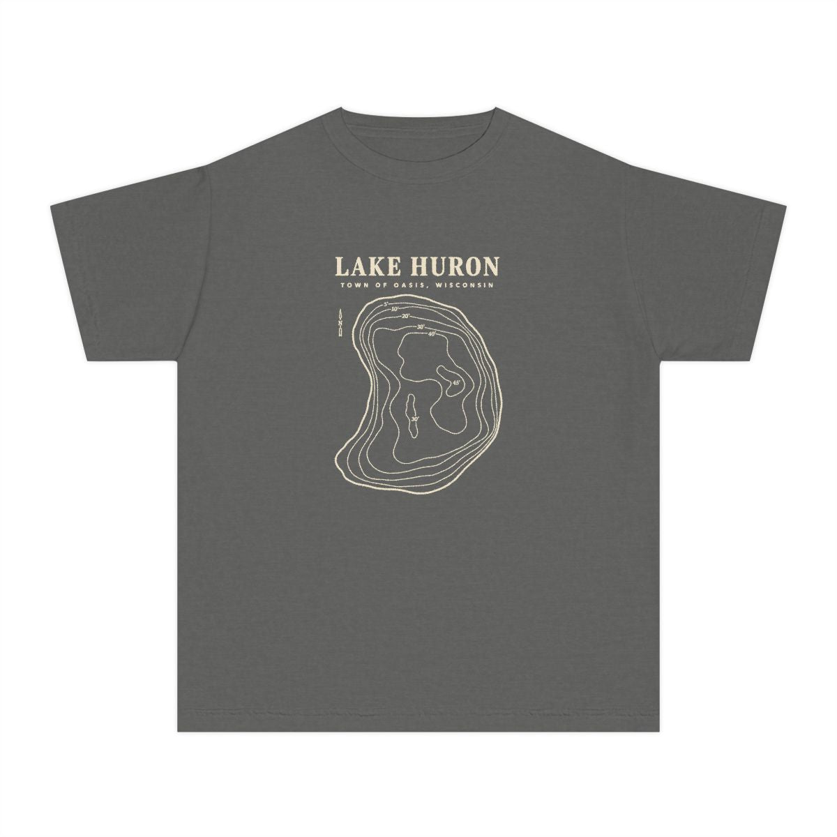 Pepper Comfort Colors 9018 kids Lake Huron T-shirt with cream contour-map artwork and Town of Oasis, Wisconsin lettering on the front