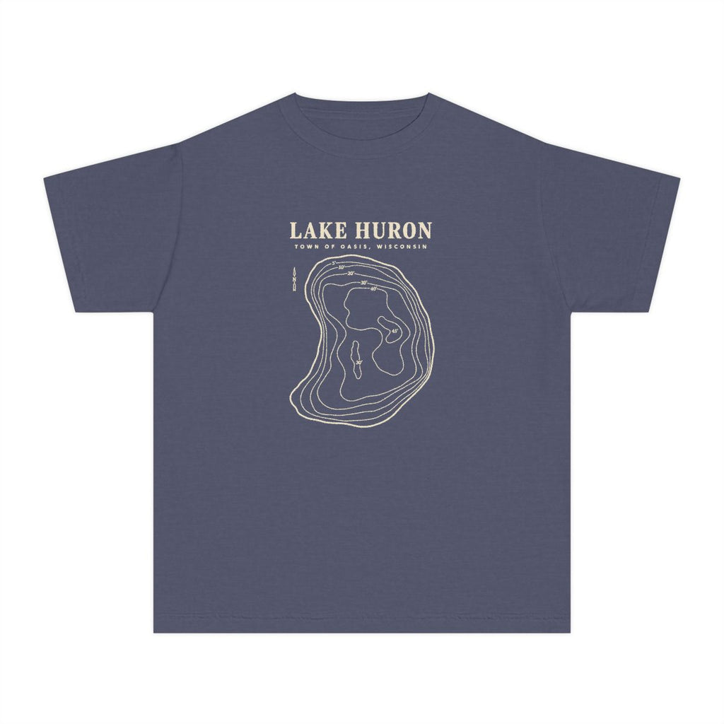 Denim Comfort Colors 9018 kids Lake Huron Field Survey T-shirt, front view with cream contour lines and Town of Oasis, Wisconsin lettering.