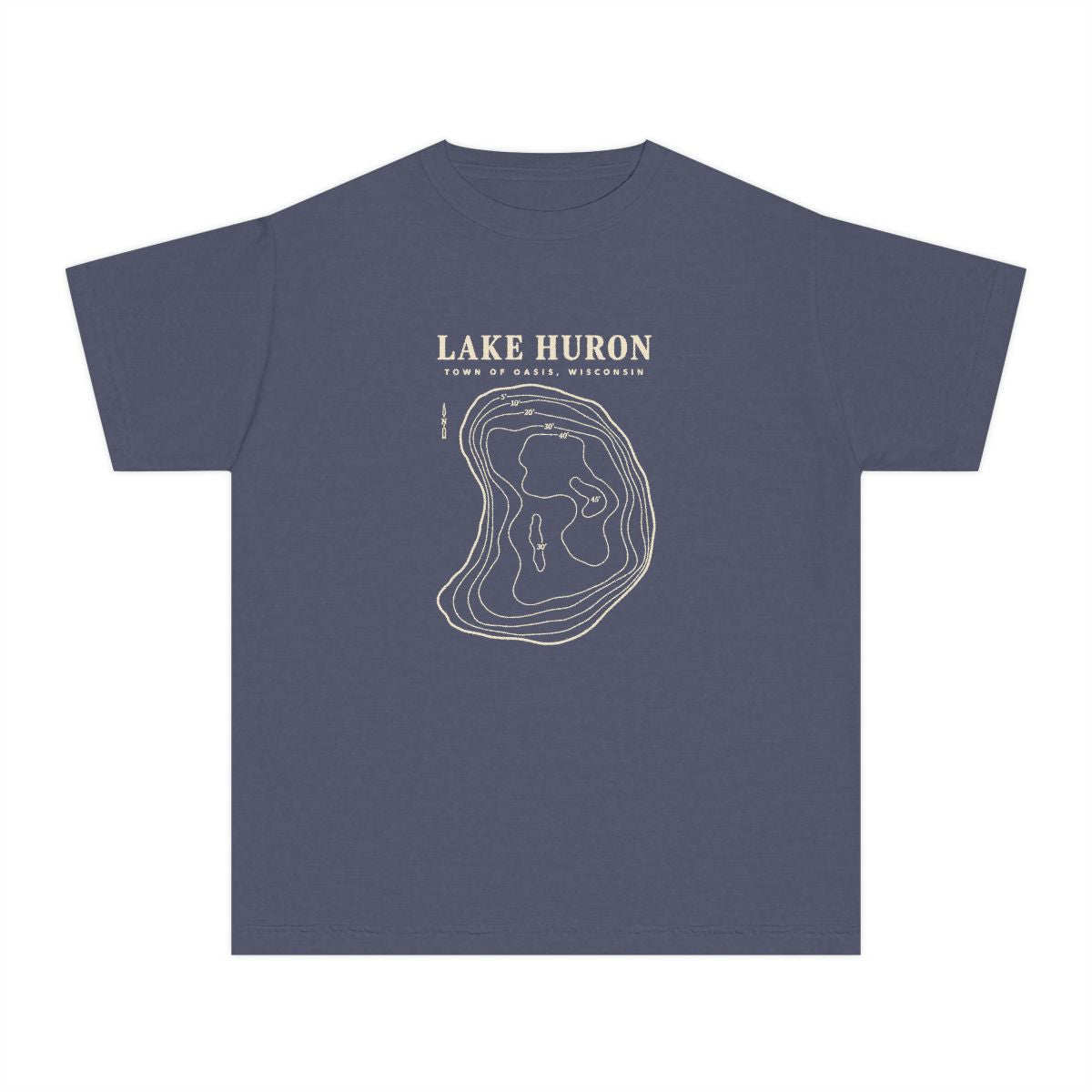 Denim Comfort Colors 9018 kids Lake Huron Field Survey T-shirt, front view with cream contour lines and Town of Oasis, Wisconsin lettering.