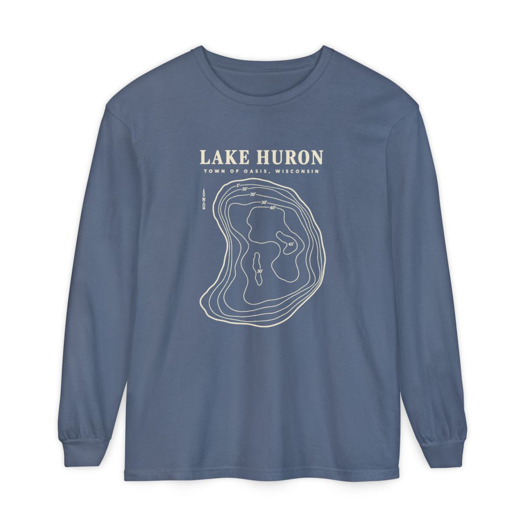 Blue Jean Comfort Colors 6014 adult Lake Huron long-sleeve shirt, front view with cream contour artwork and Town of Oasis, Wisconsin lettering.