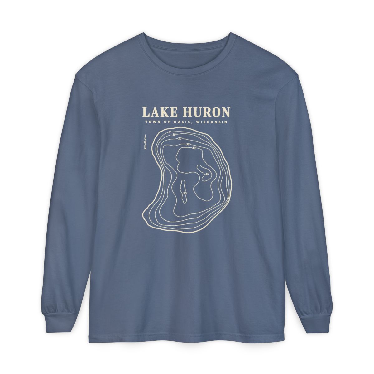 Blue Jean Comfort Colors 6014 adult Lake Huron long-sleeve shirt, front view with cream contour artwork and Town of Oasis, Wisconsin lettering.