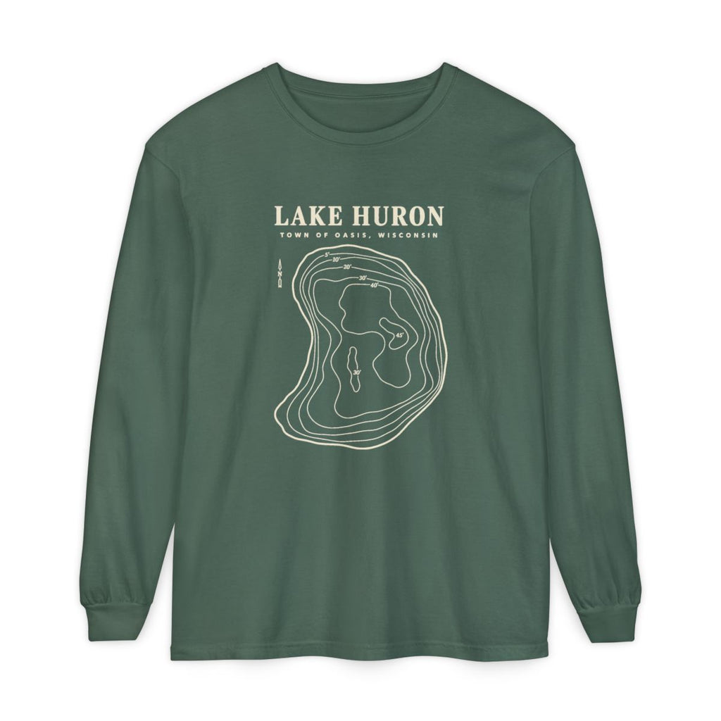 Blue Spruce Comfort Colors 6014 adult Lake Huron long-sleeve shirt, front view with cream contour artwork and Town of Oasis, Wisconsin lettering.
