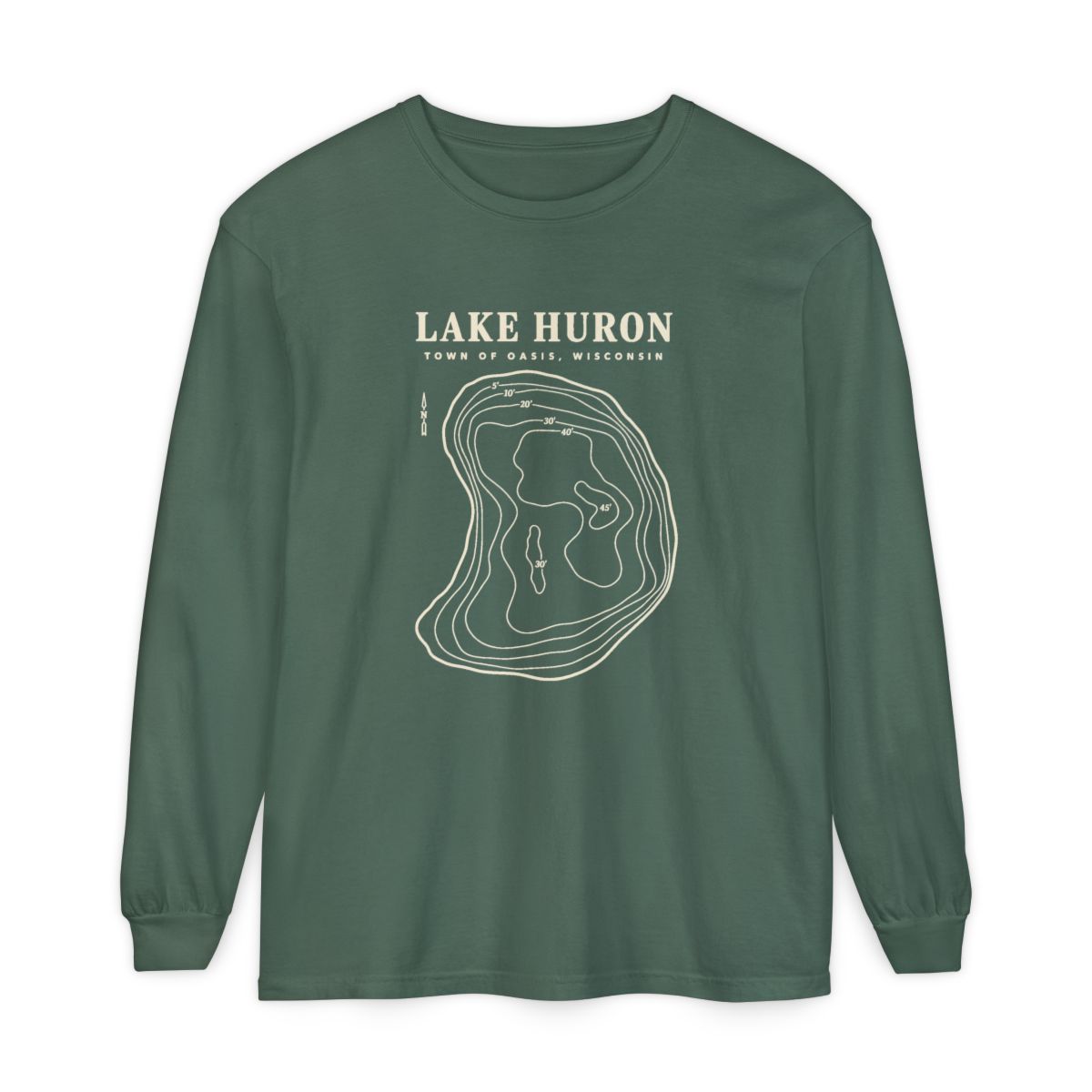 Blue Spruce Comfort Colors 6014 adult Lake Huron long-sleeve shirt, front view with cream contour artwork and Town of Oasis, Wisconsin lettering.