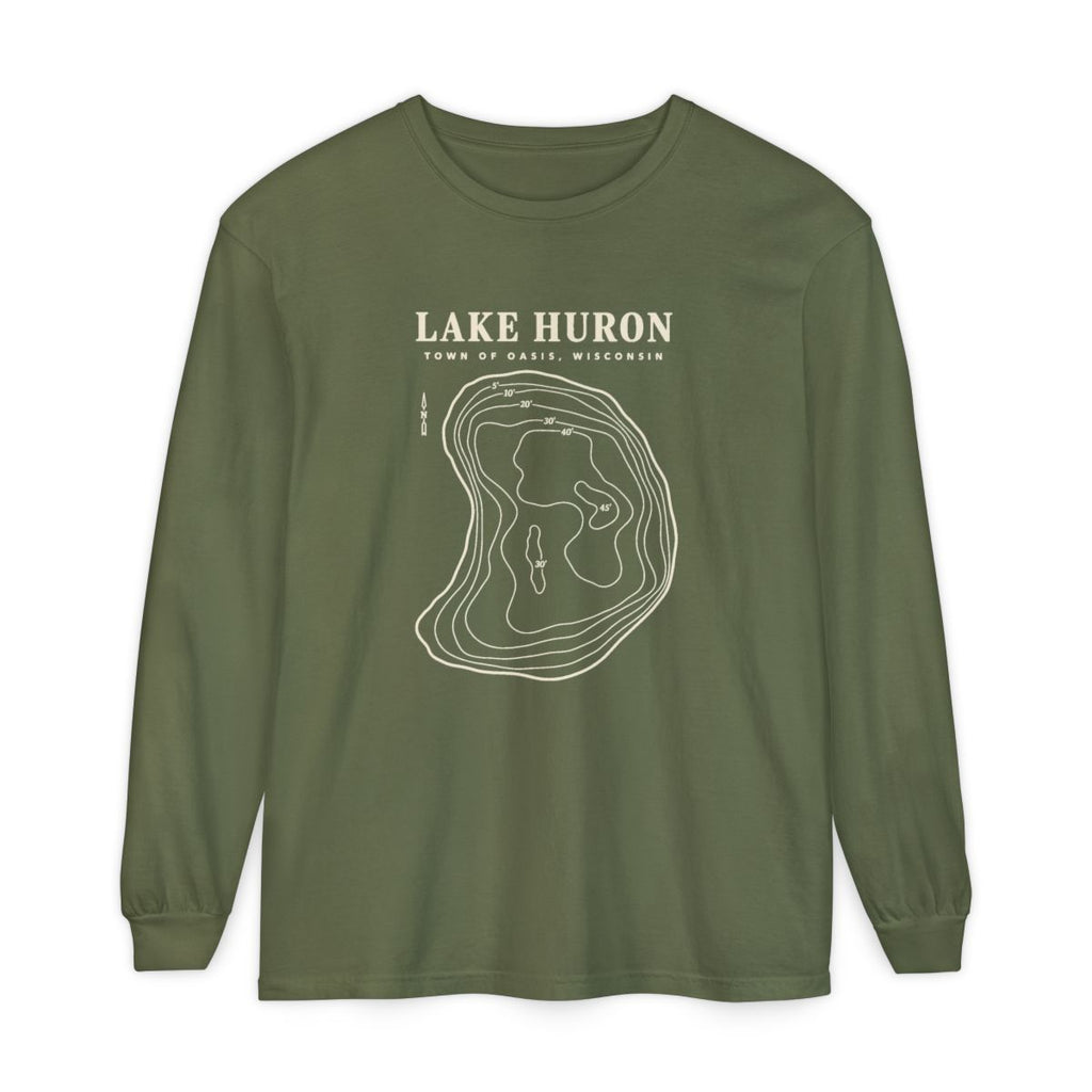 Hemp Comfort Colors 6014 adult Lake Huron long-sleeve shirt, front view with cream contour artwork and Town of Oasis, Wisconsin lettering.