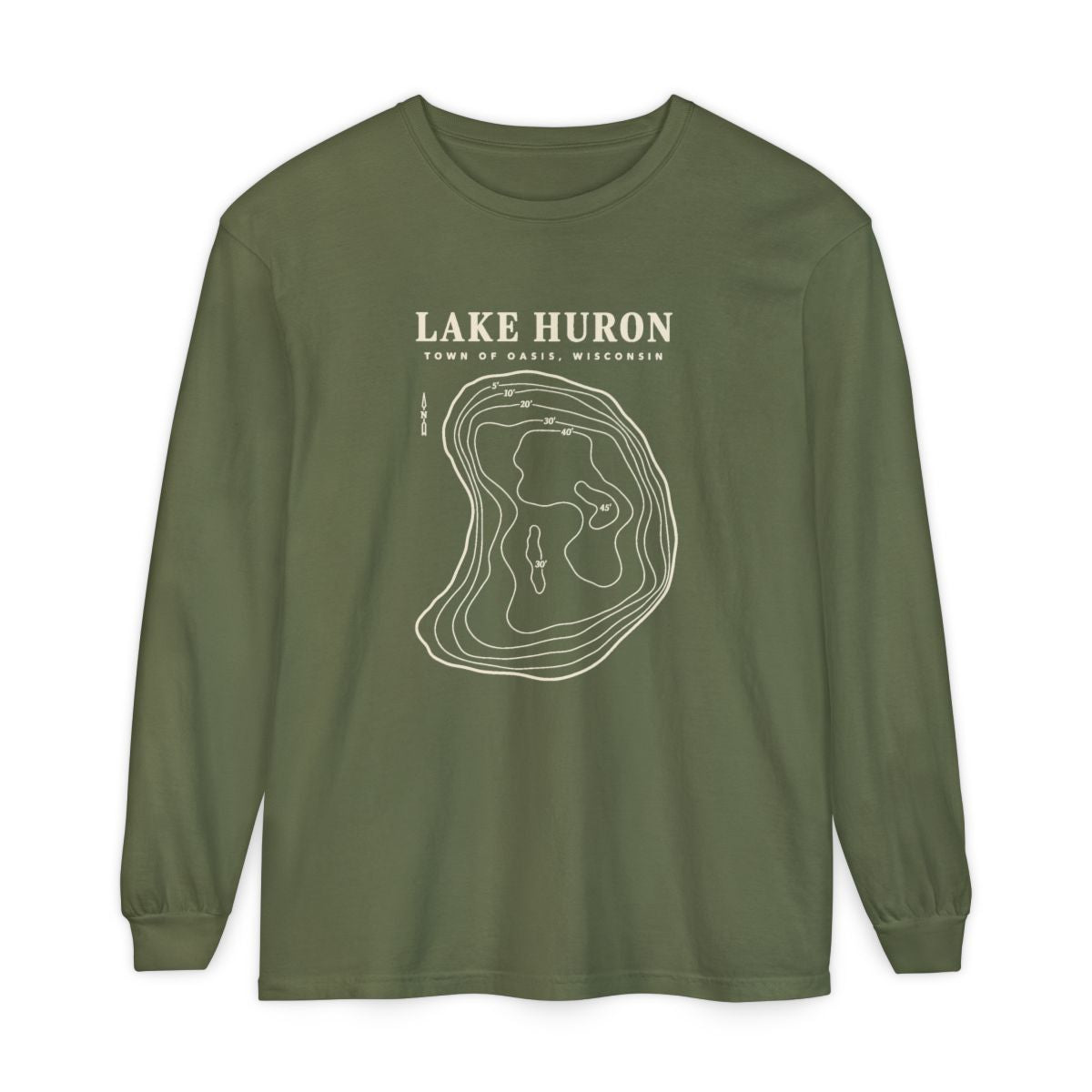 Hemp Comfort Colors 6014 adult Lake Huron long-sleeve shirt, front view with cream contour artwork and Town of Oasis, Wisconsin lettering.