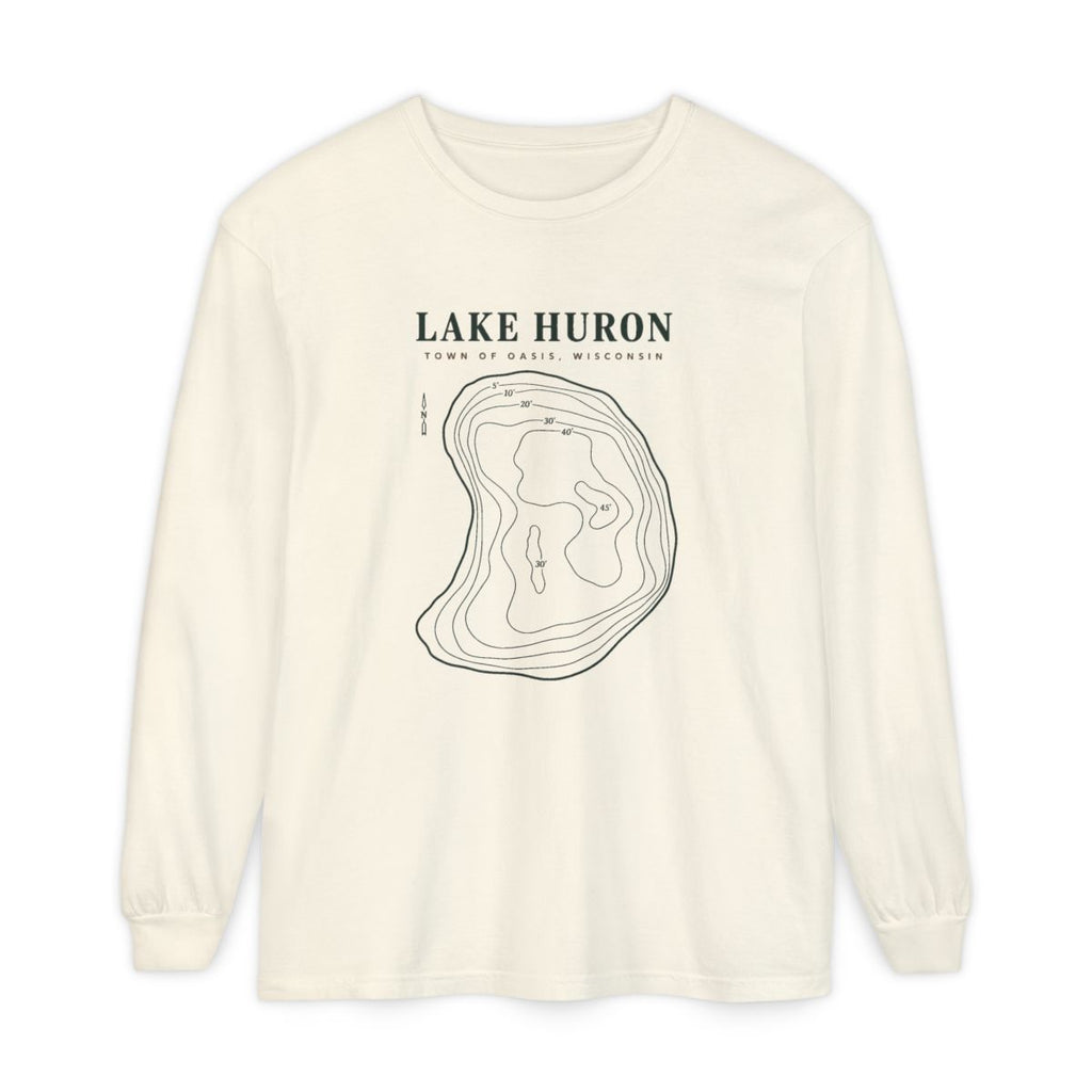 Ivory Comfort Colors 6014 adult Lake Huron long-sleeve shirt, front view with forest-green and cedar-brown contour artwork and Town of Oasis, Wisconsin lettering.