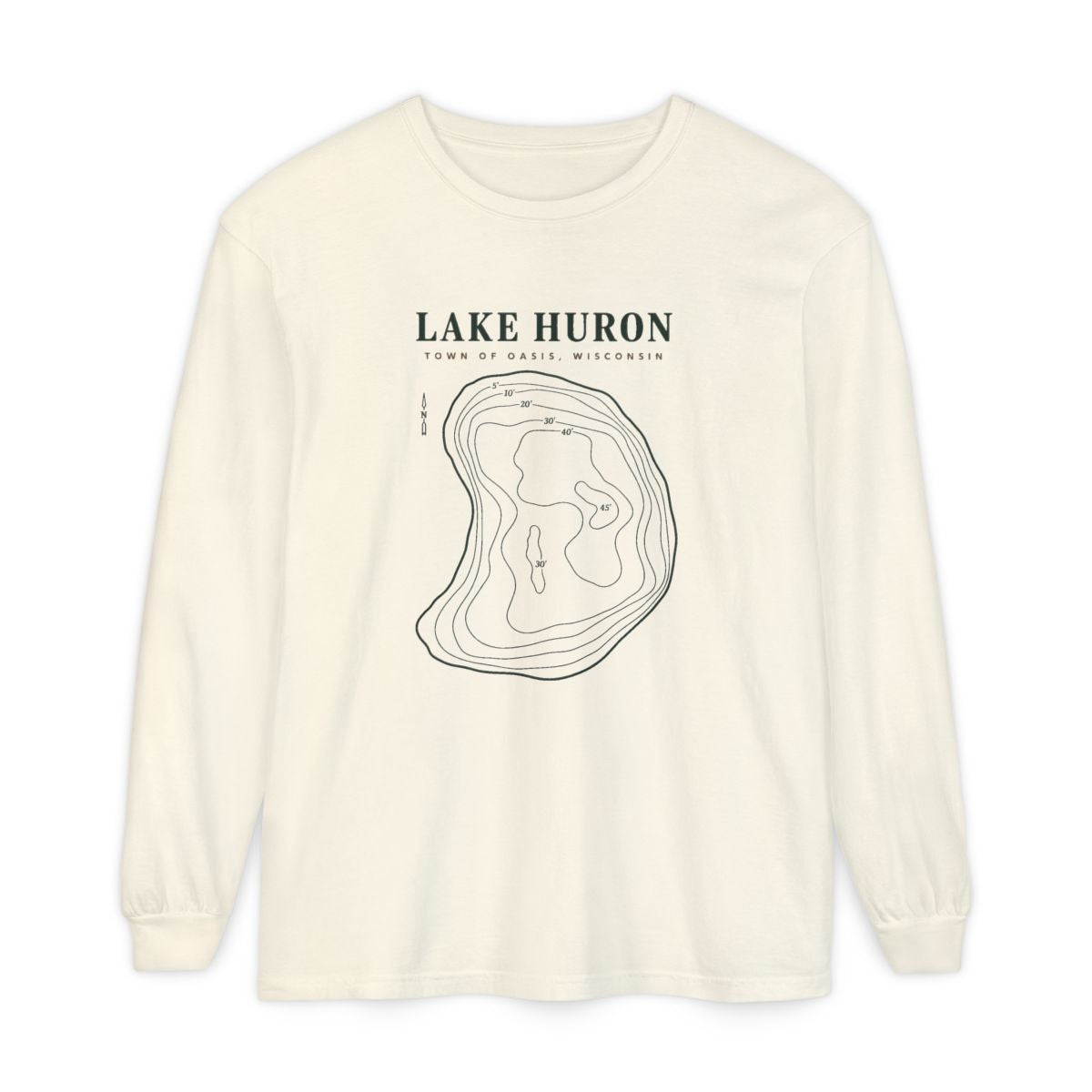 Ivory Comfort Colors 6014 adult Lake Huron long-sleeve shirt, front view with forest-green and cedar-brown contour artwork and Town of Oasis, Wisconsin lettering.