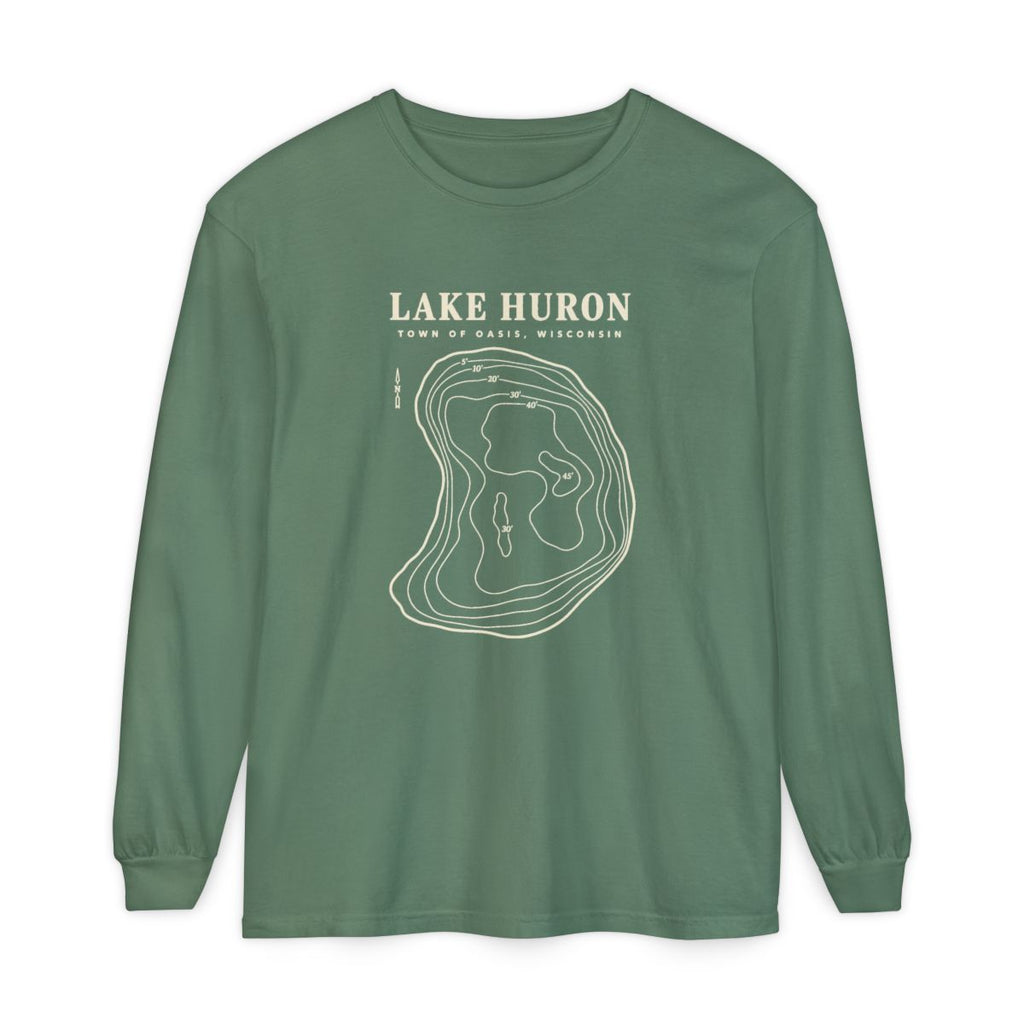Light Green Comfort Colors 6014 adult Lake Huron long-sleeve shirt, front view with cream contour artwork and Town of Oasis, Wisconsin lettering.