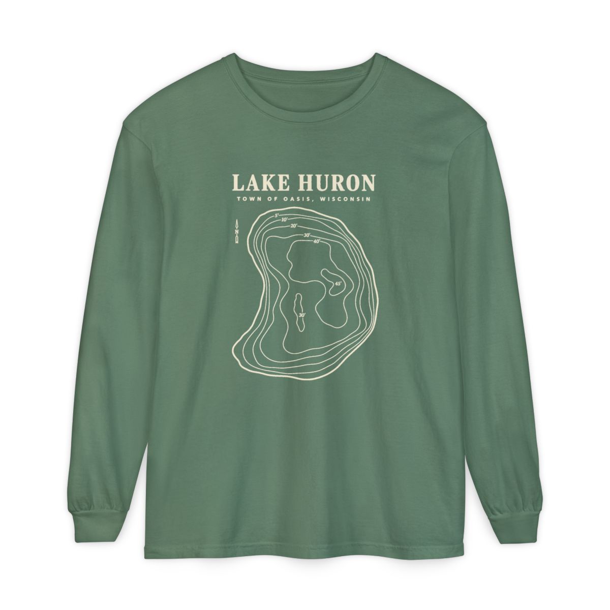 Light Green Comfort Colors 6014 adult Lake Huron long-sleeve shirt, front view with cream contour artwork and Town of Oasis, Wisconsin lettering.