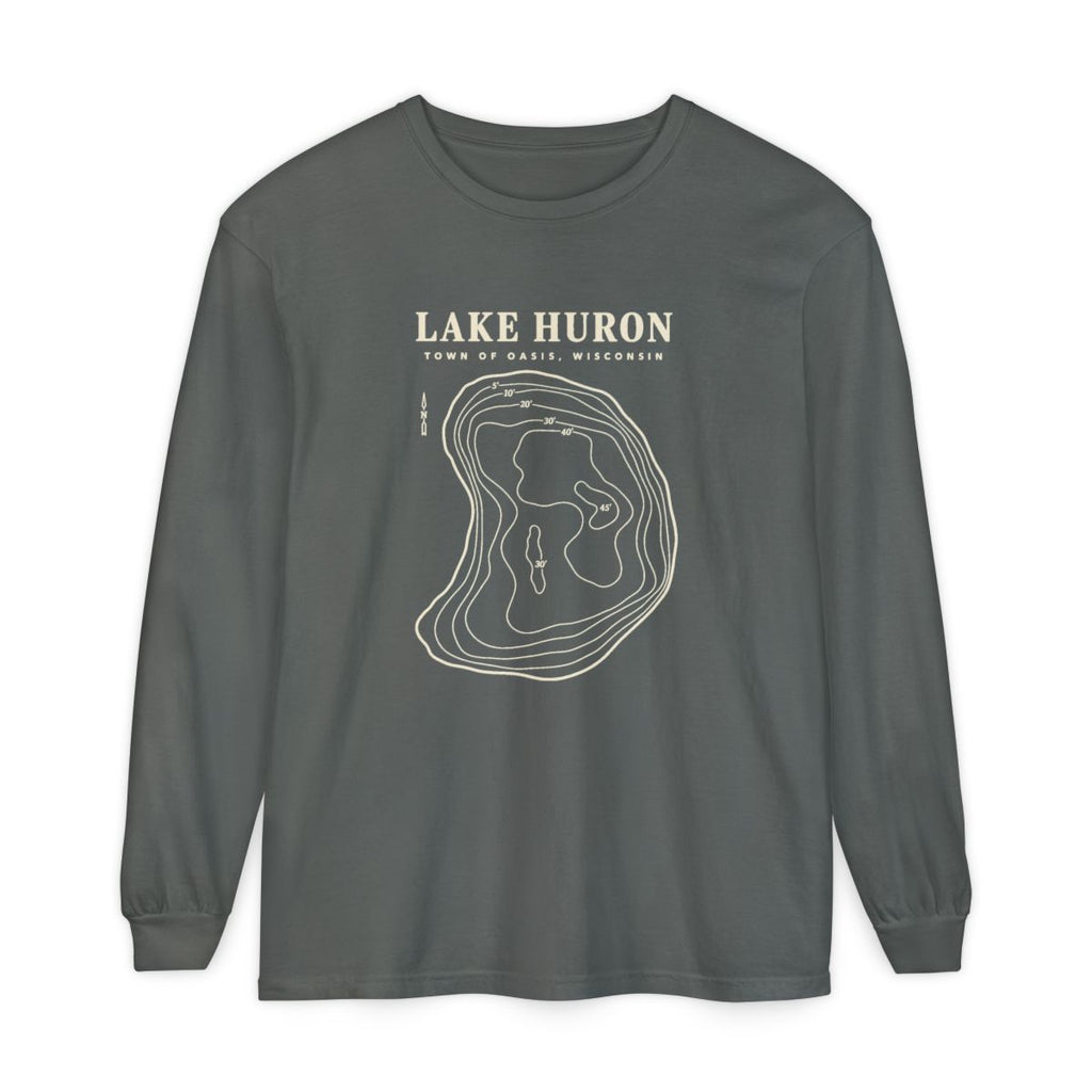 Pepper Comfort Colors 6014 adult Lake Huron long-sleeve shirt, front view with cream contour artwork and Town of Oasis, Wisconsin lettering.