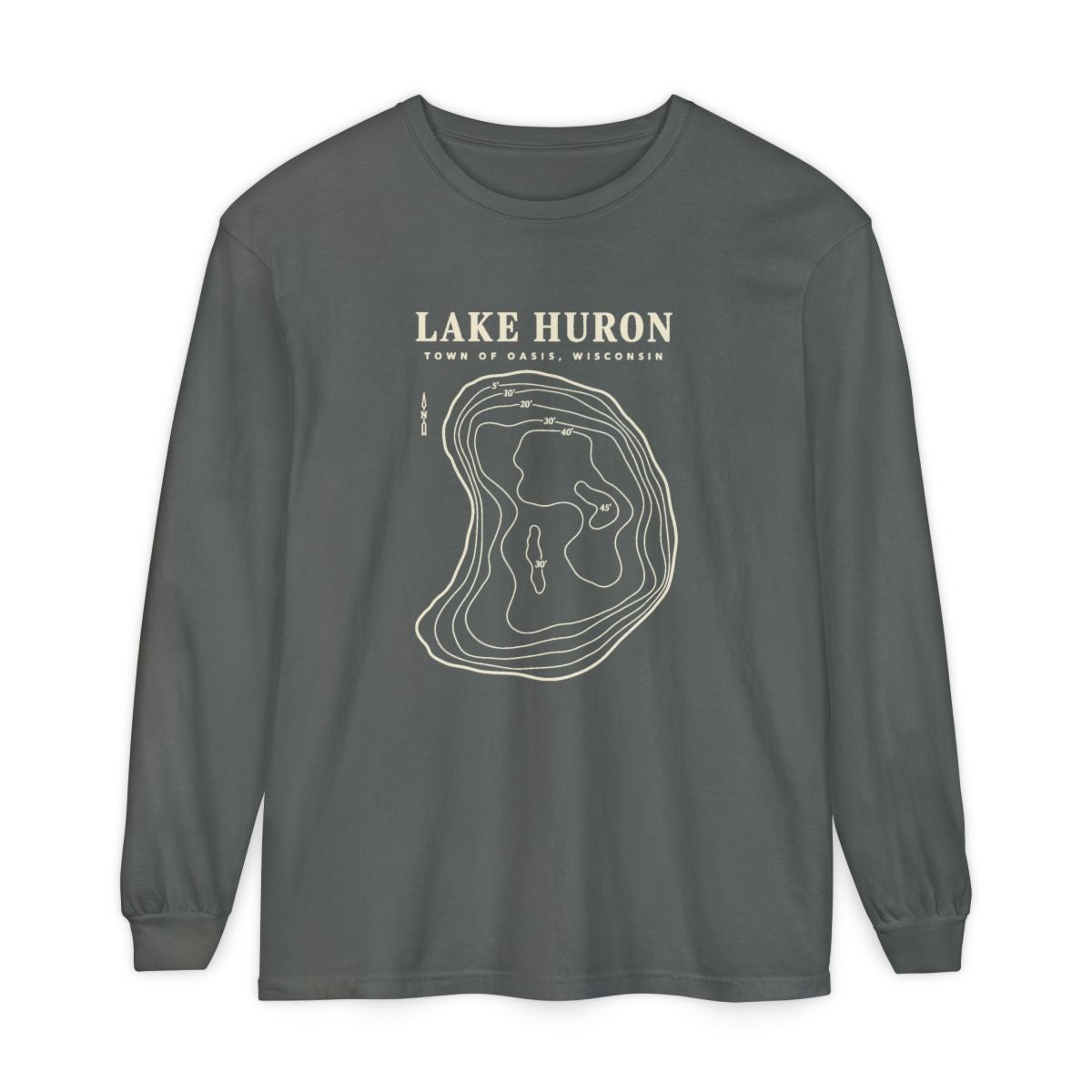 Pepper Comfort Colors 6014 adult Lake Huron long-sleeve shirt, front view with cream contour artwork and Town of Oasis, Wisconsin lettering.