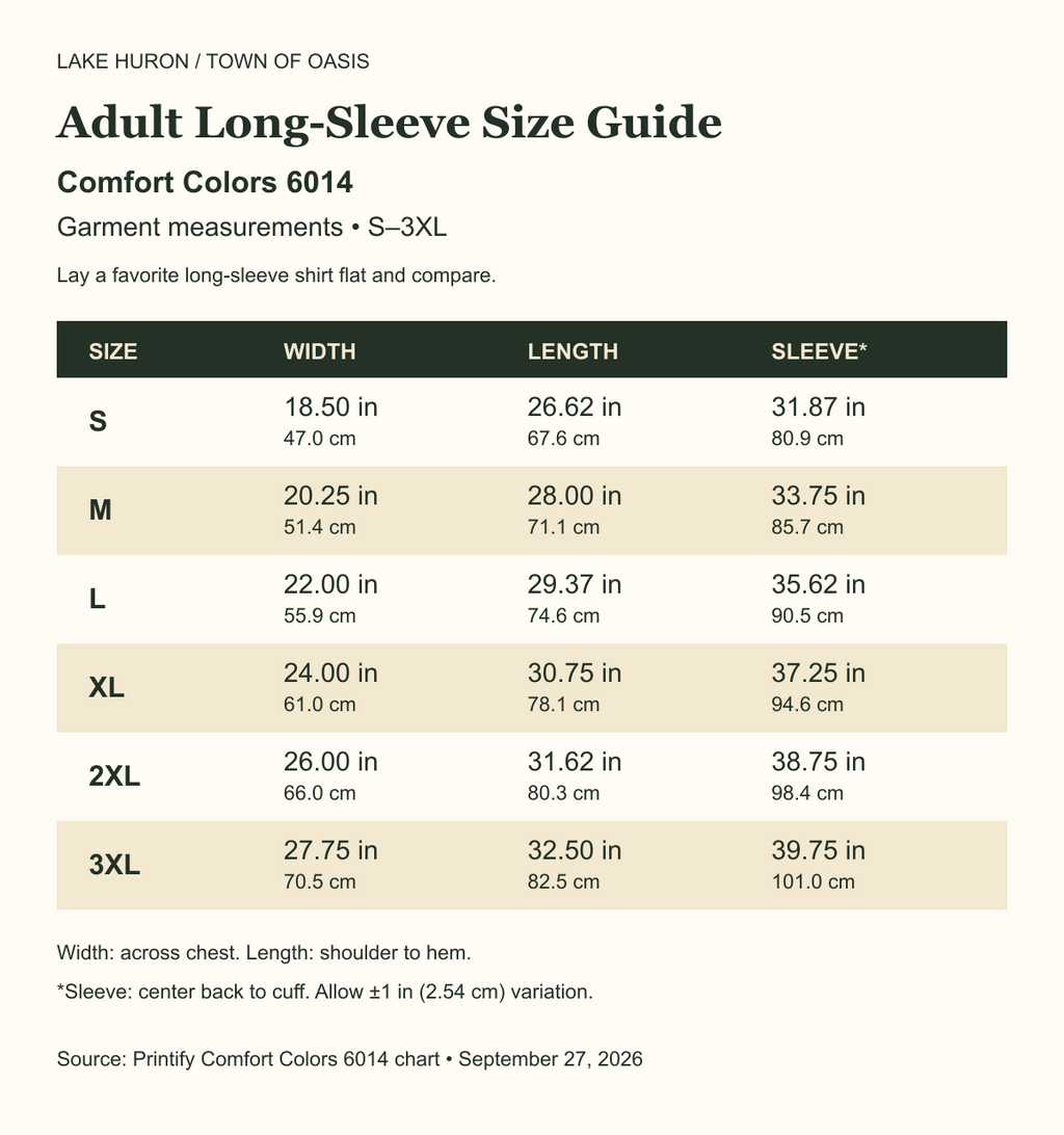 Comfort Colors 6014 adult long-sleeve shirt size guide, S through 3XL, garment width, length and center-back sleeve length in inches and centimeters.