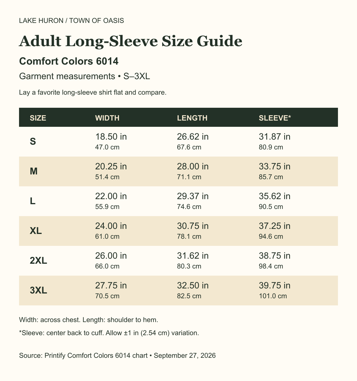 Comfort Colors 6014 adult long-sleeve shirt size guide, S through 3XL, garment width, length and center-back sleeve length in inches and centimeters.