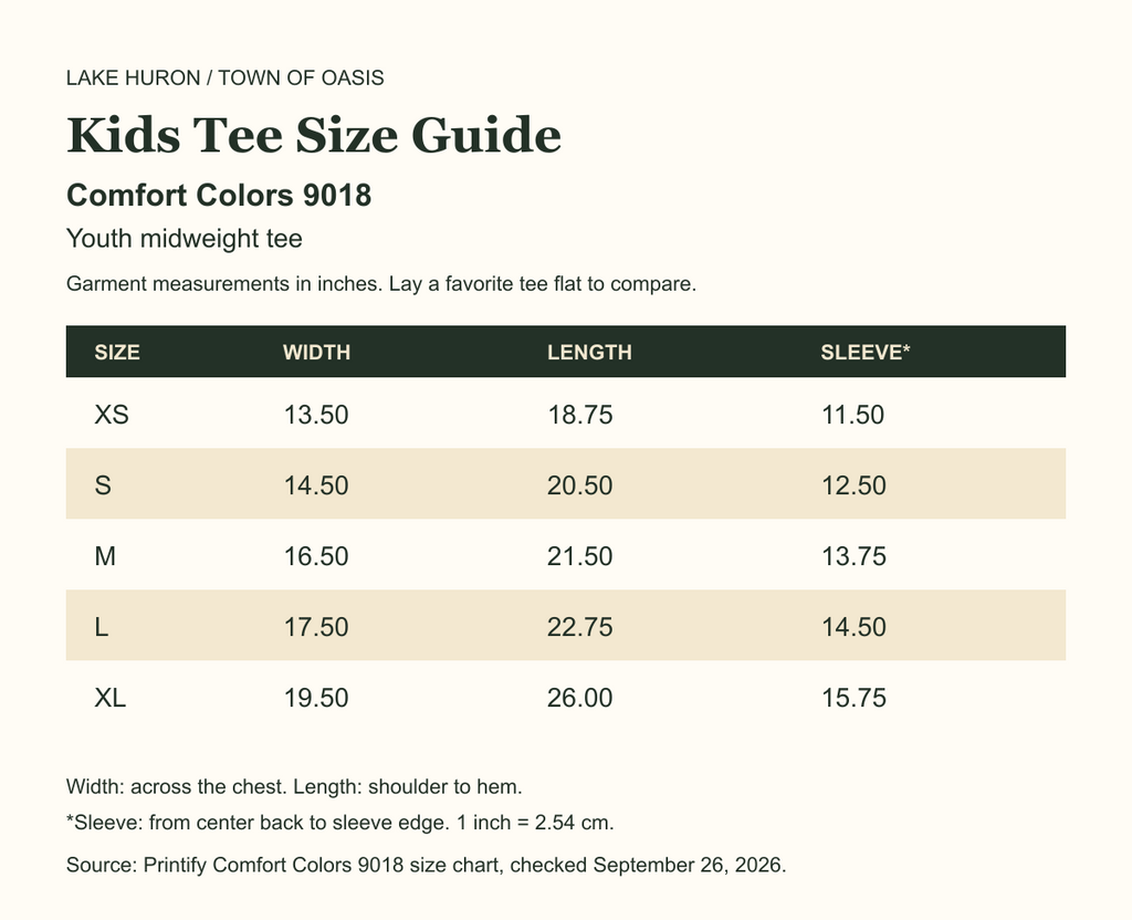 Comfort Colors 9018 youth sizes XS through XL size guide with garment width, length and sleeve measurements