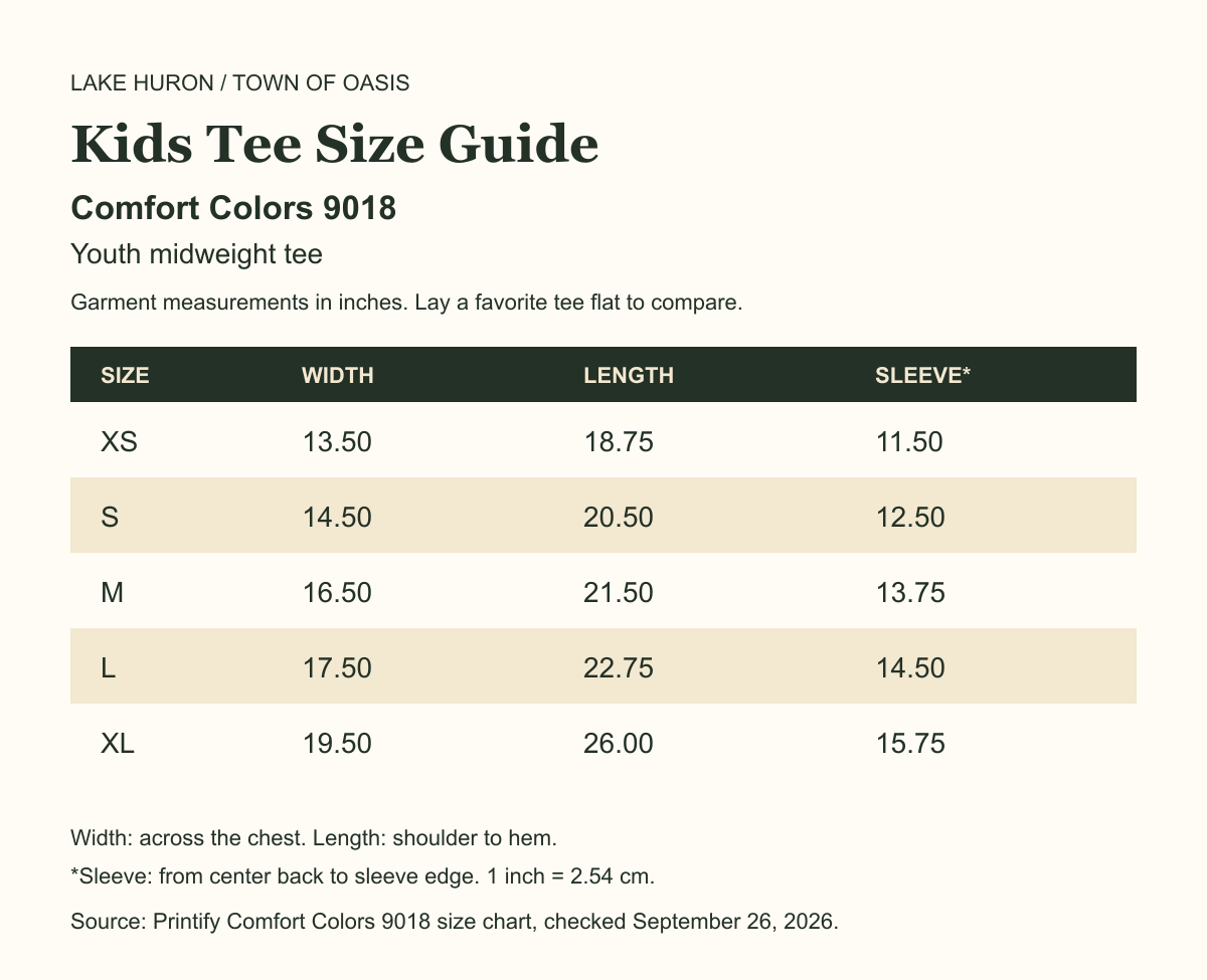 Comfort Colors 9018 youth sizes XS through XL size guide with garment width, length and sleeve measurements